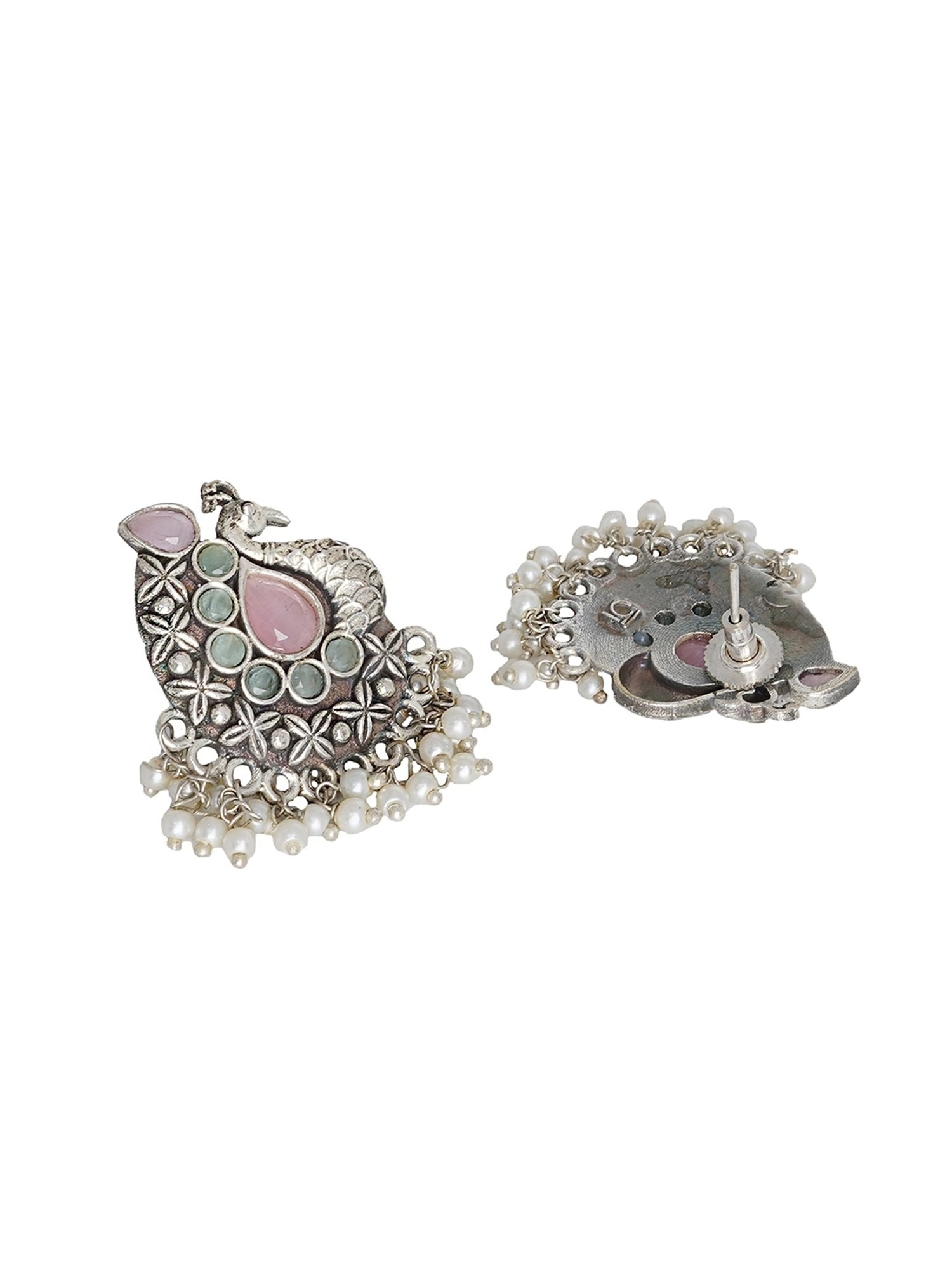 Teejh Ethnic Nirali Pink & White Silver Oxidized Stud Earrings