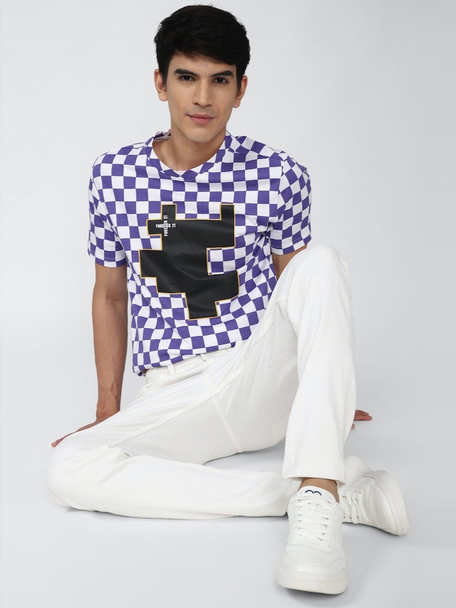 Forever 21 Purple & White Cotton Regular Fit Check T-Shirt