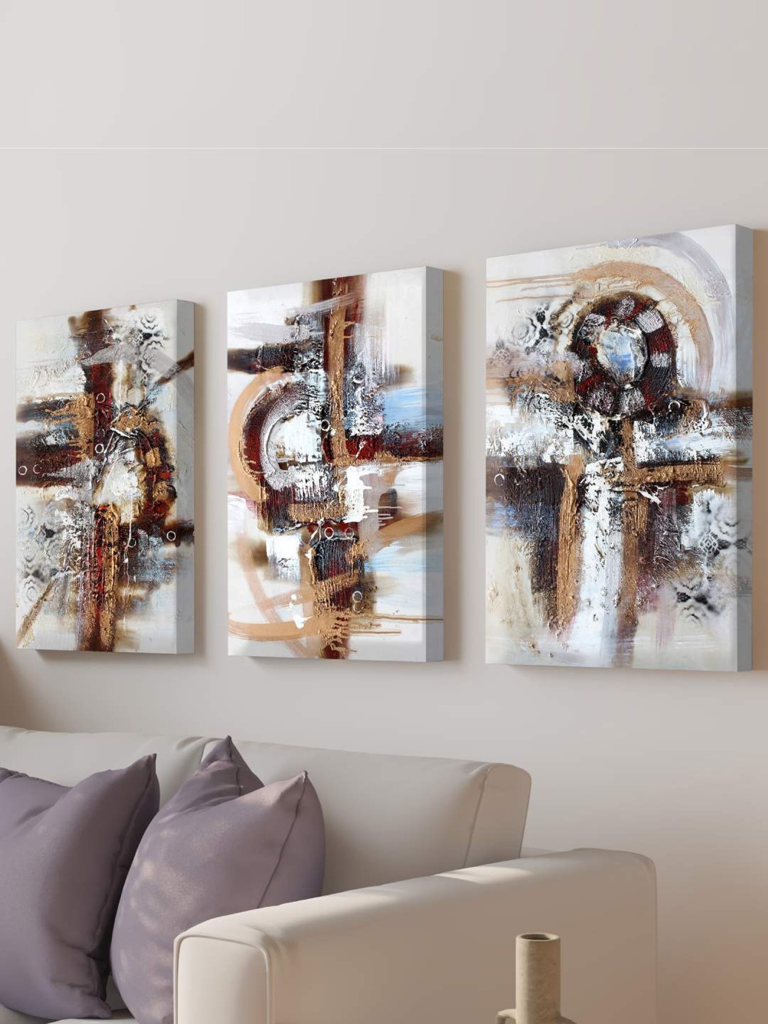 Art Street Printed Brown Cotton Canvas Wall Art - Set of 3