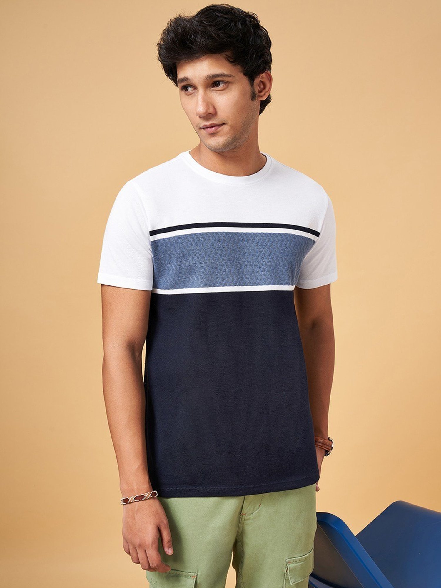 Urban Ranger by Pantaloons Navy & White Cotton Slim Fit Colour Block T-Shirt