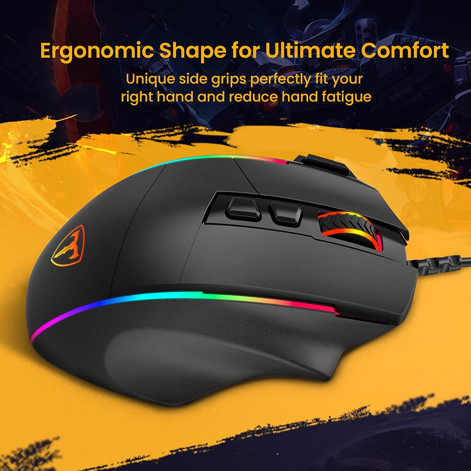 CUUWE Ergonomic Wired Gaming Mouse, 8 Programmable Buttons , 5 Levels Adjustable DPI up to 10000, Wired Computer Gaming Mice with 7 RGB Backlight Modes for PC, Laptop, MacBook