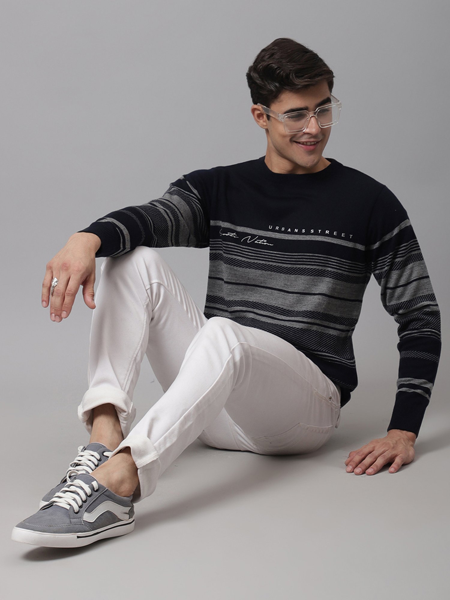 Cantabil Dark Navy Regular Fit Striped Sweater