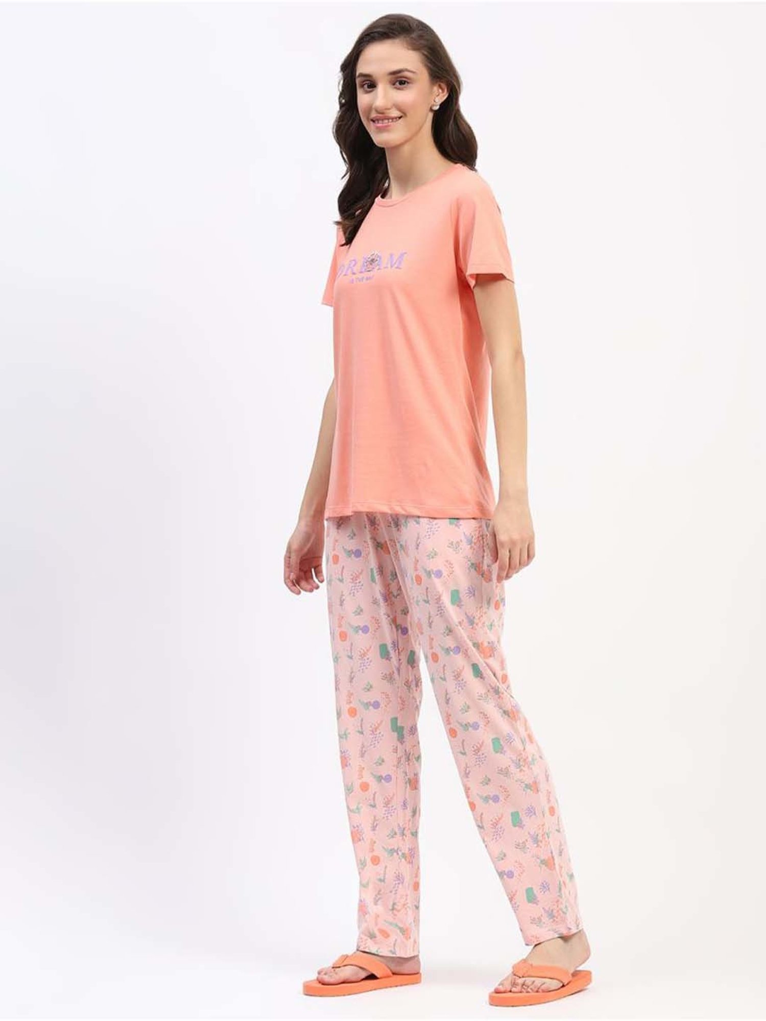 MADAME M Secret Peach Cotton Printed T-Shirt Pyjamas Set