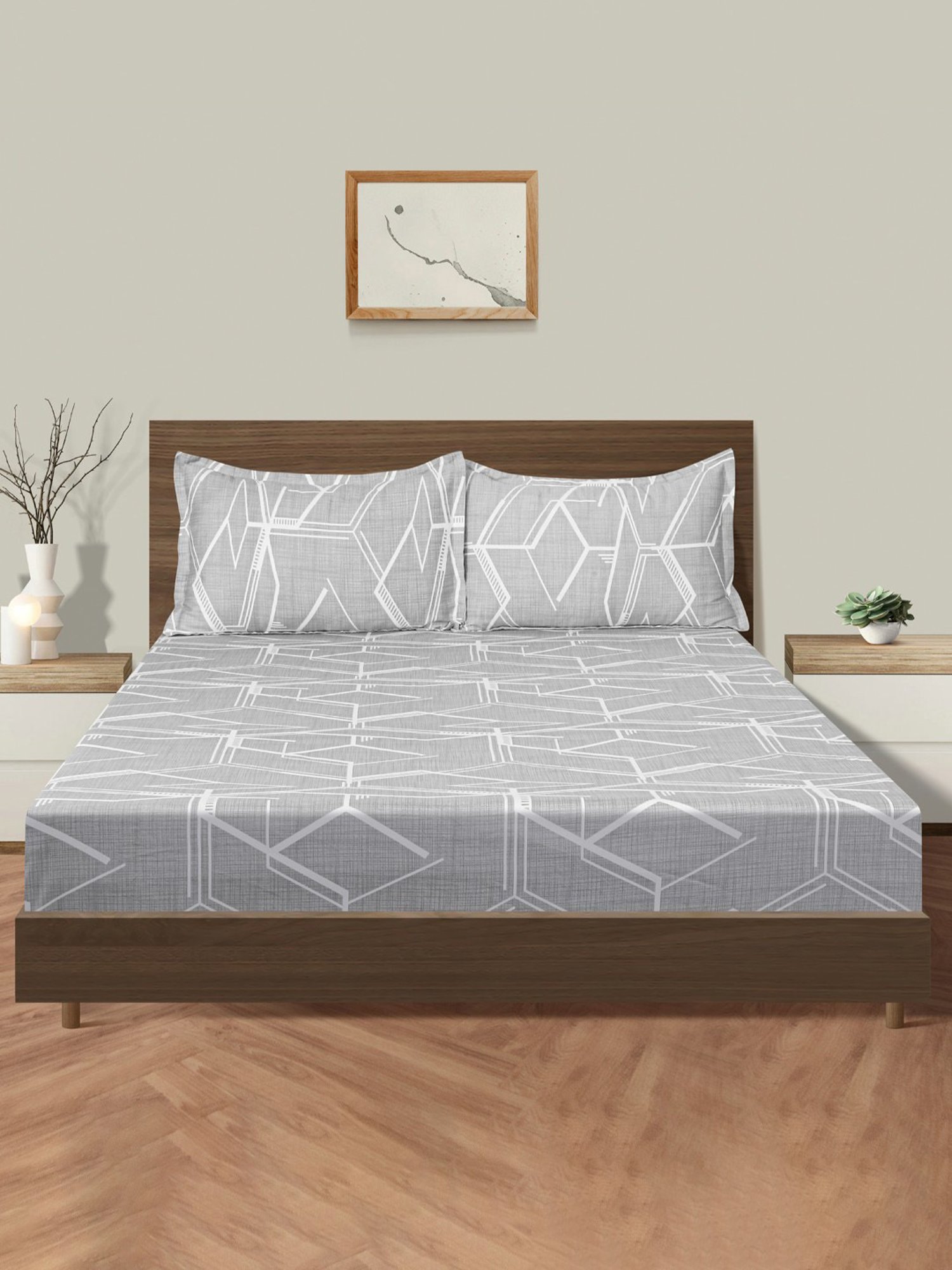 Swayam Dona Abstract Grey 250 TC Cotton King Fitted Fitted Bedsheet with 2 Pillow Covers