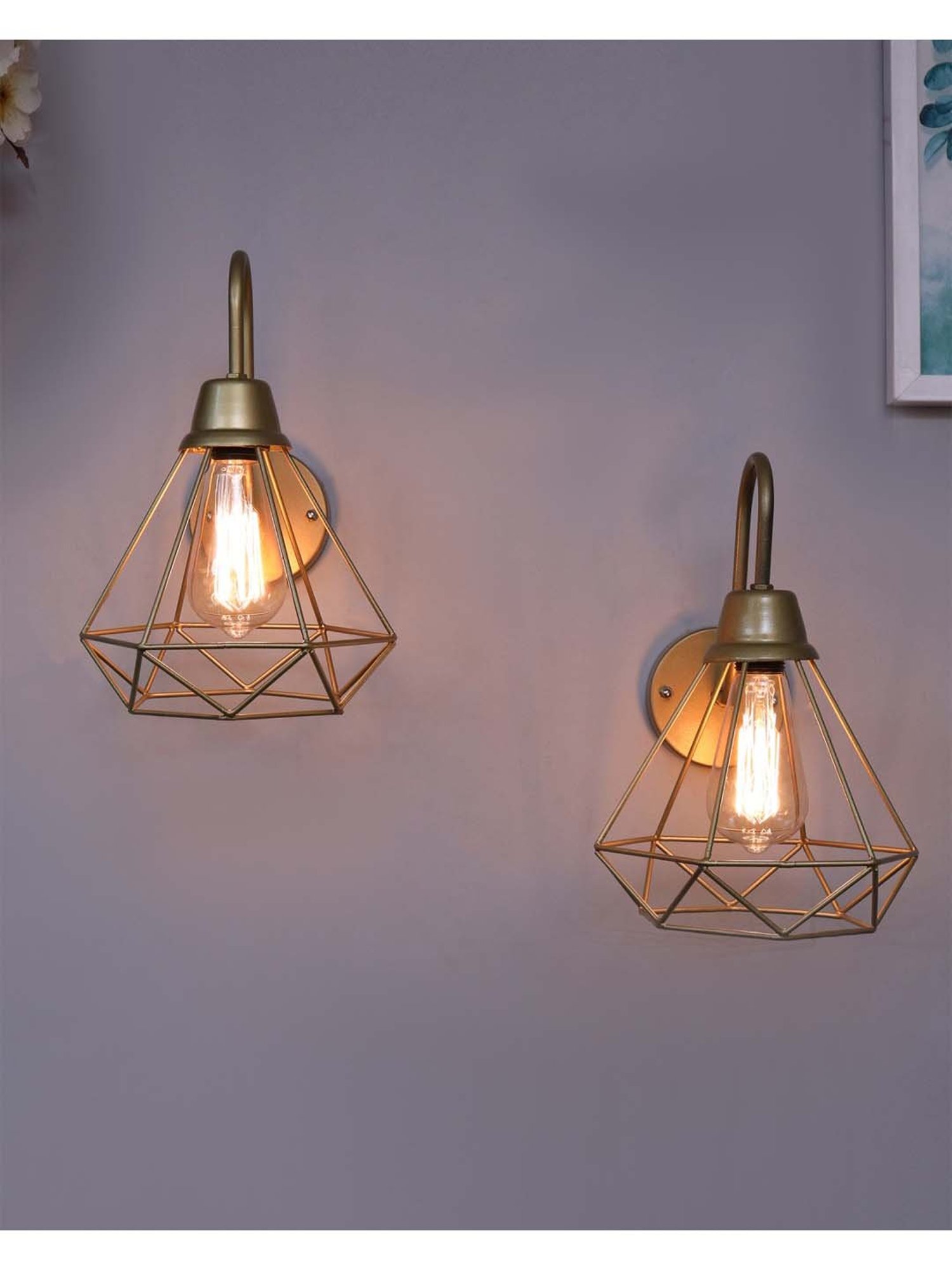 Homesake Golden & Transparent Metal Cage Vanity Wall Lamp - Set of 2 (Bulb not included)