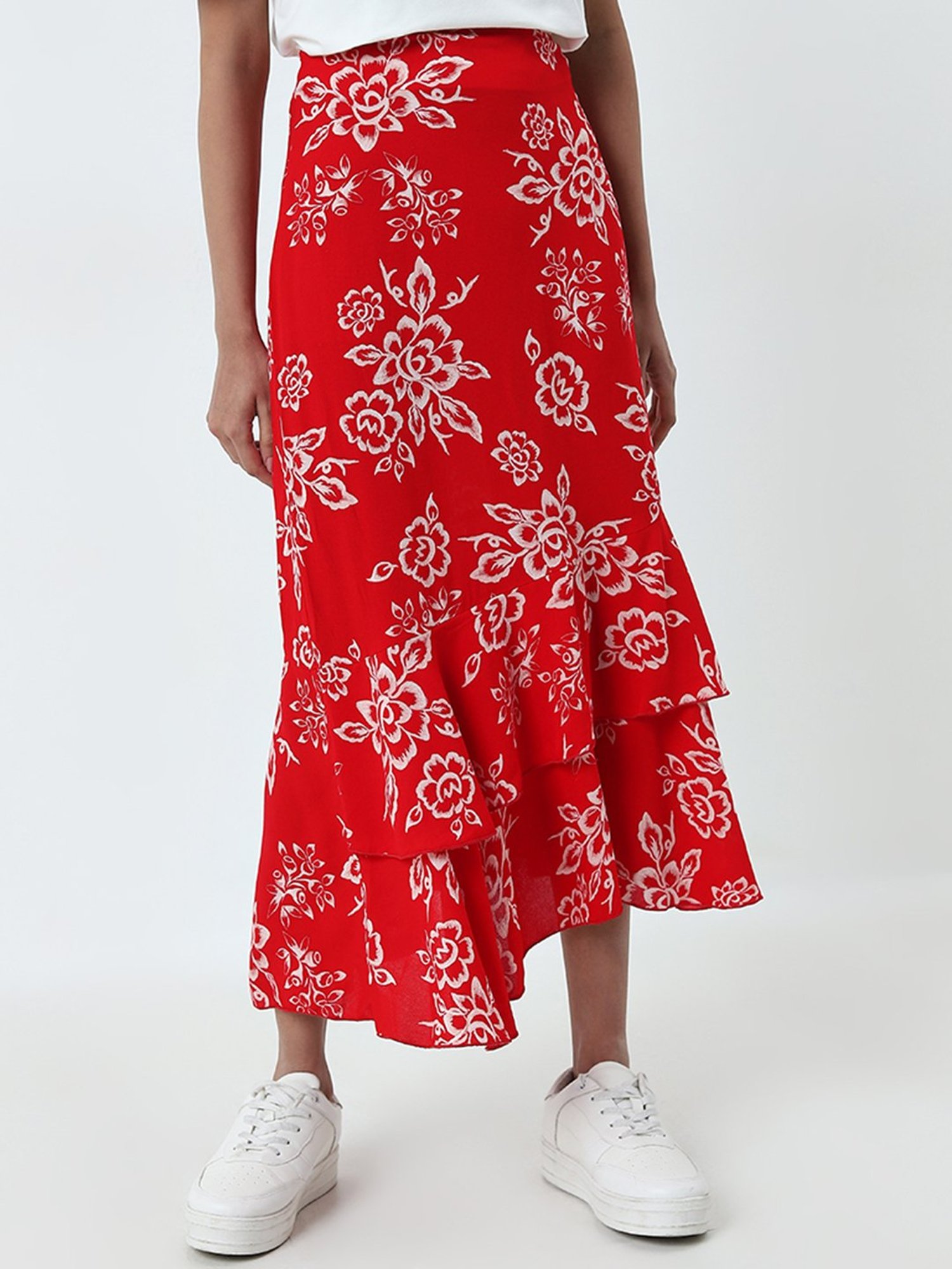 LOV by Westside Red Floral Printed Ruffled High-Rise Skirt