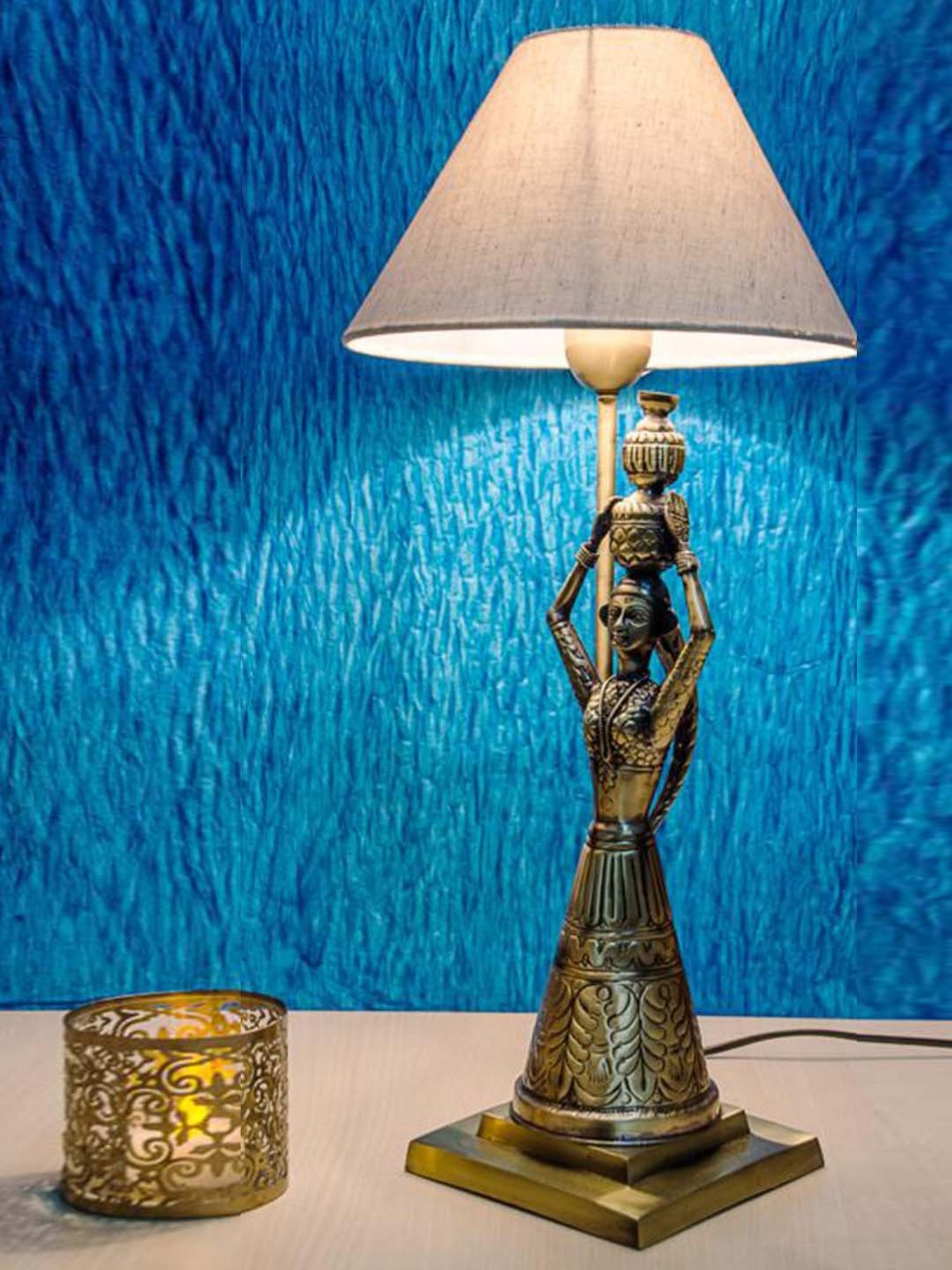 Fos Lighting White & Golden Hand Carved Brass Rajasthani Village Table Lamp - Set of 1