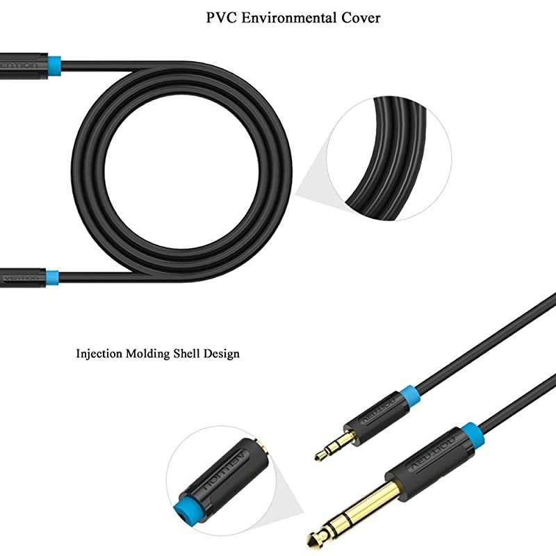 5FT 24K 15U Gold Plated 35mm 18 Male to 635mm 14 Male TRS Stereo Audio Cable with PVC Infection Molding Shell Design for iPhone iPod LaptopPower AmplifierMicrophone and Guitar