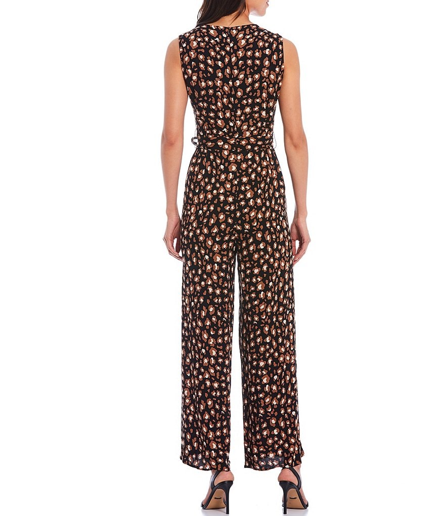Skies Are Blue Leopard Print Surplice V-Neck Self Tie Belt Sleeveless Jumpsuit