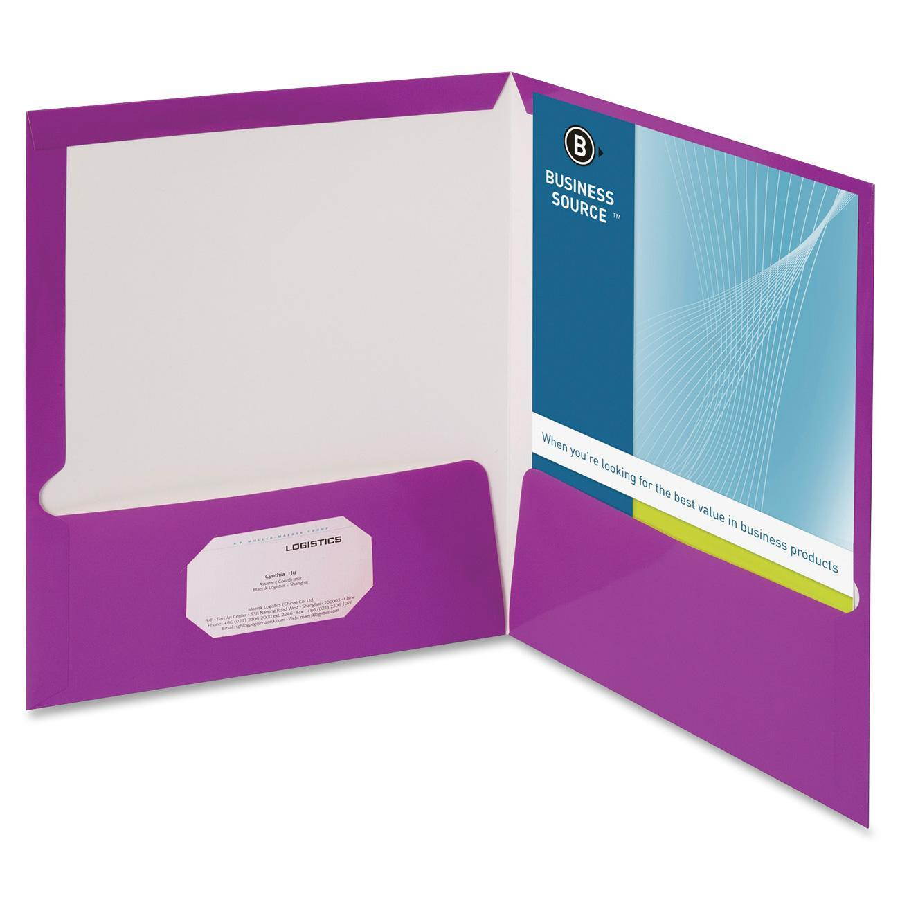 Business Source Two-Pocket Folders with Business Card Holder