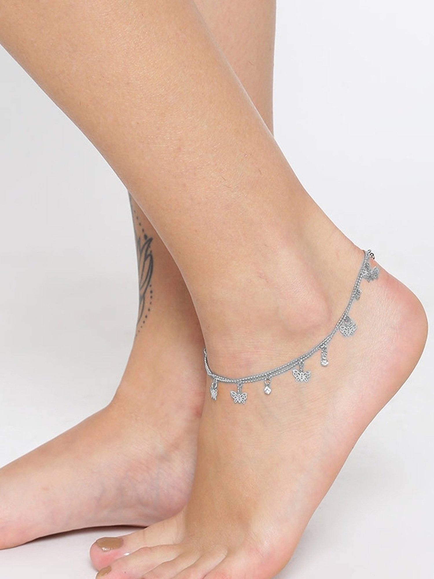 Oomph Silver Tone Butterfly Beads & Charm Fashion Anklet