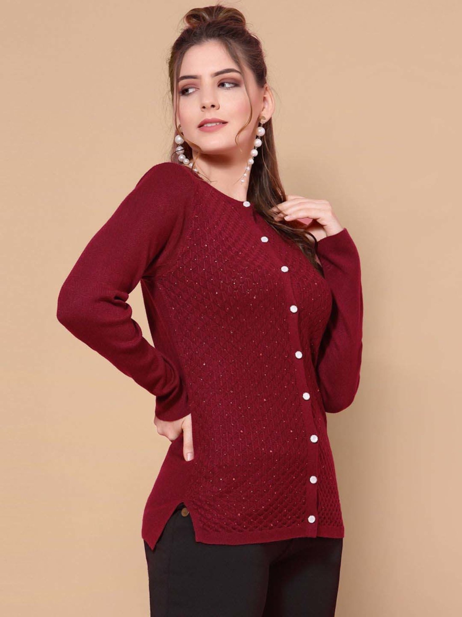 Mafadeny Maroon Embellished Cardigan