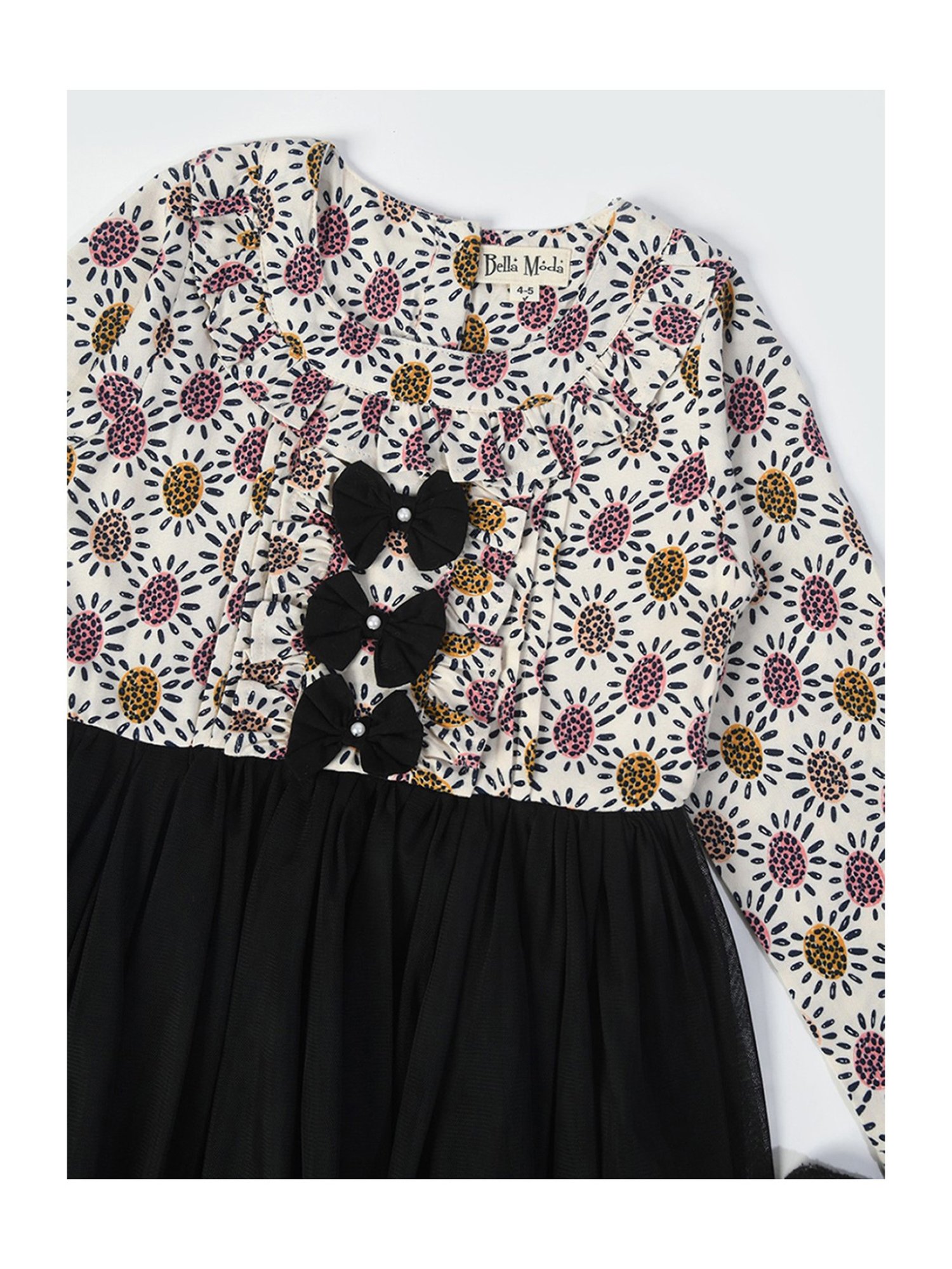 Bella Moda Kids White & Black Printed Full Sleeves Fit & Flare Dress