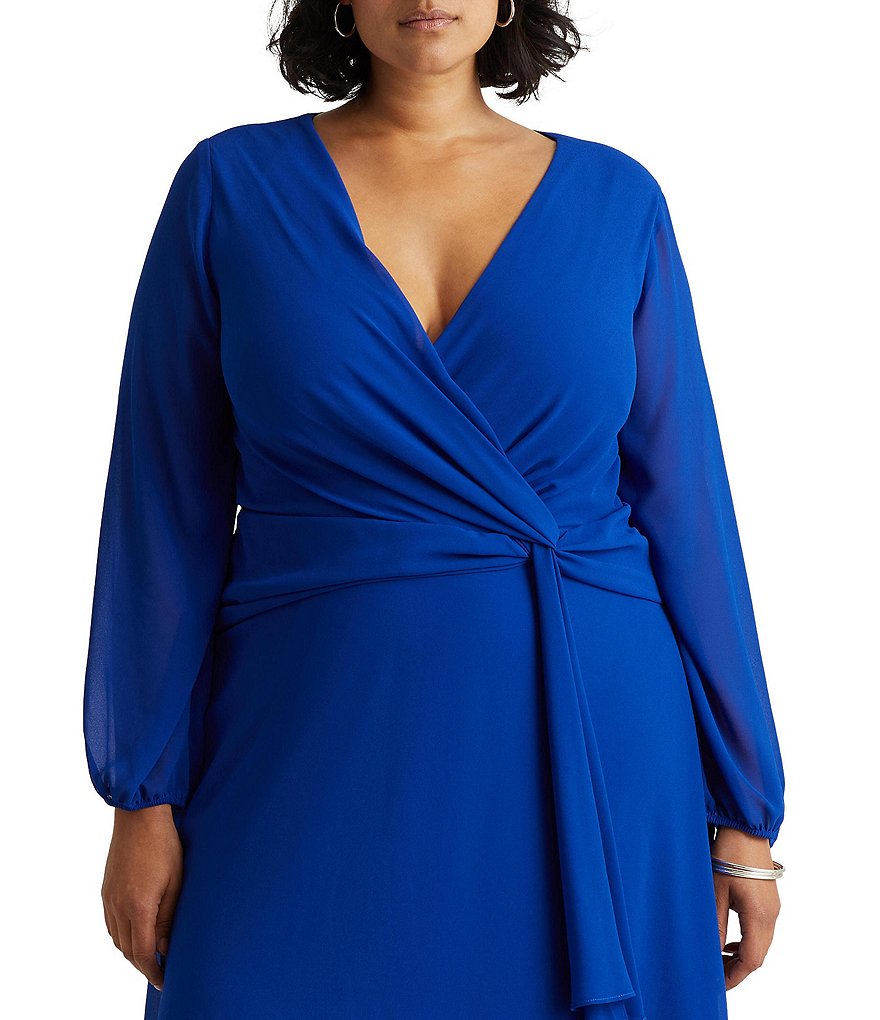 Lauren Ralph Lauren Plus Size Georgette Long Sleeve V-Neck A-Line Dress
