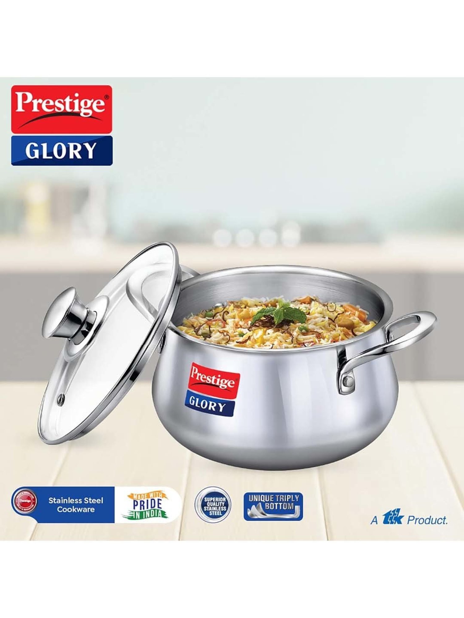 Prestige Silver Stainless Steel 22 cm Glory Cookware Handi With Glass Lid (5 L)