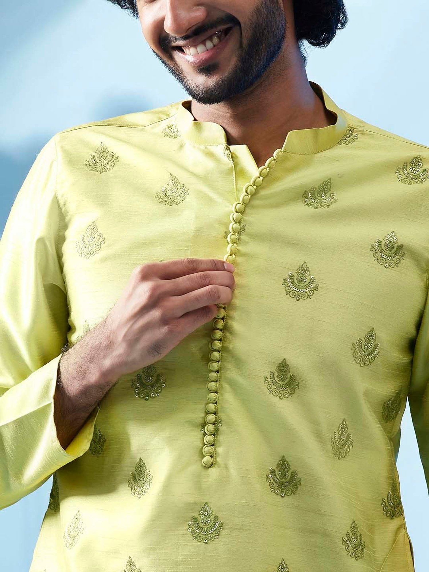 KISAH Green & Cream Regular Fit Embroidered Kurta & Churidar Set