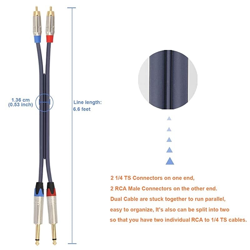 Dual 1/4 inch TS to Dual RCA Stereo Audio Interconnect Cable Patch Cords - 6.6 feet