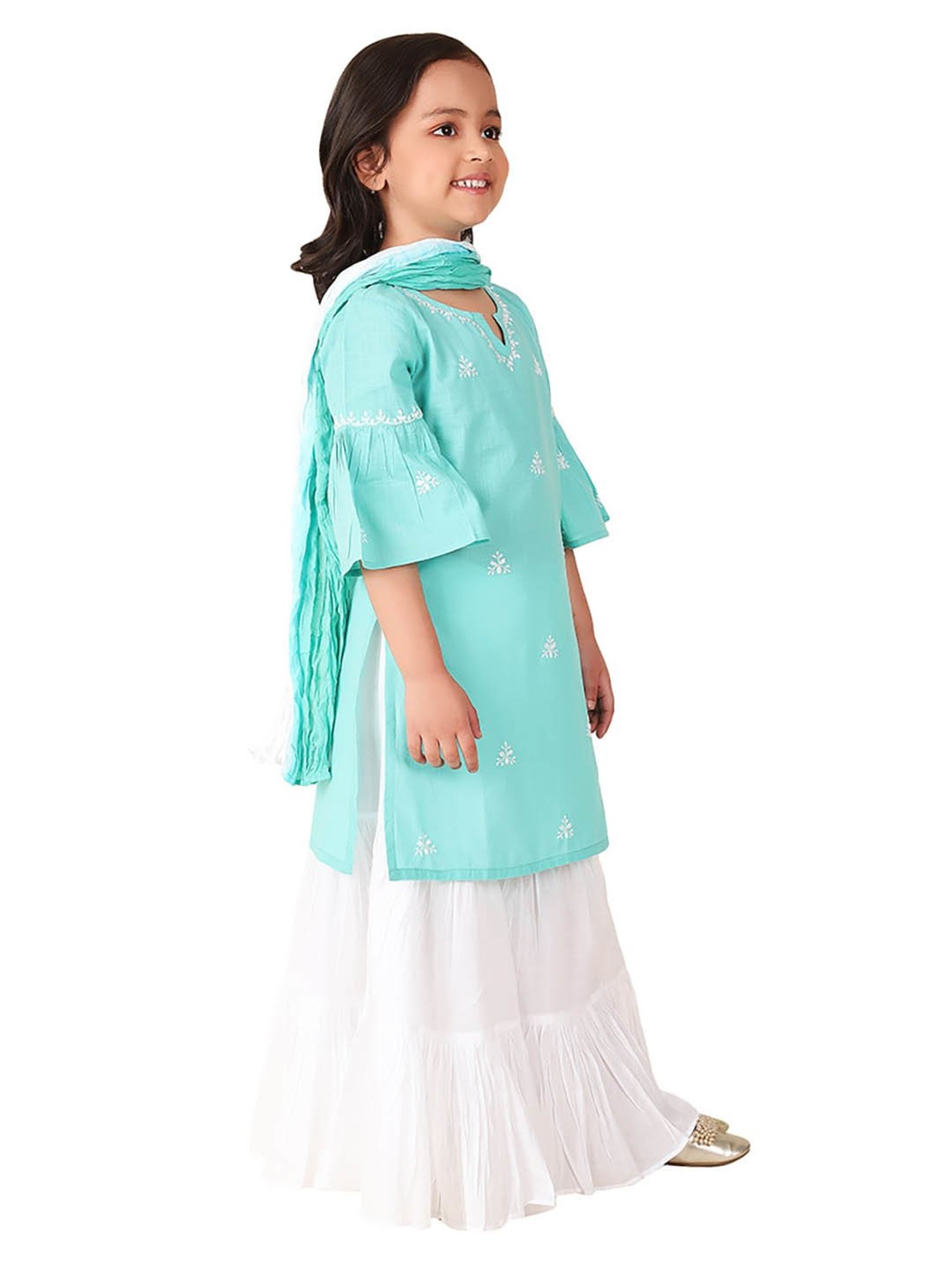 Fabindia Kids Light Blue & White Embroidered Kurta, Sharara with Dupatta
