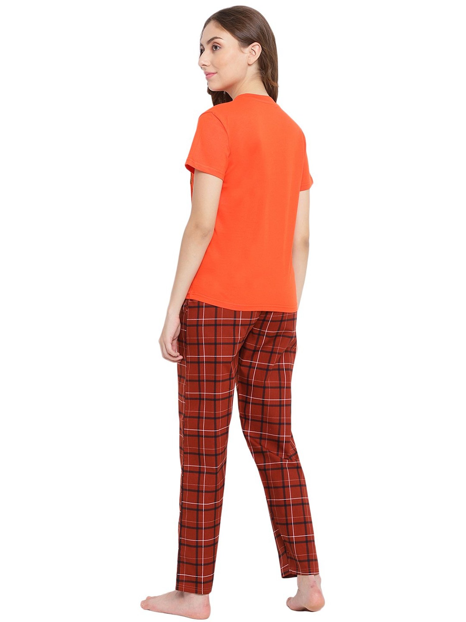 La Intimo Orange & Marron Check T-Shirt With Pyjamas