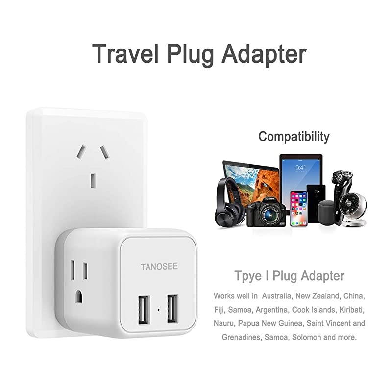 China Australia New Zealand Power Plug Adapter,  Type I Travel Adaptor with 2 USB Ports 2 American Outlets, US to Australian AU Fiji Argentina Charger Adapter