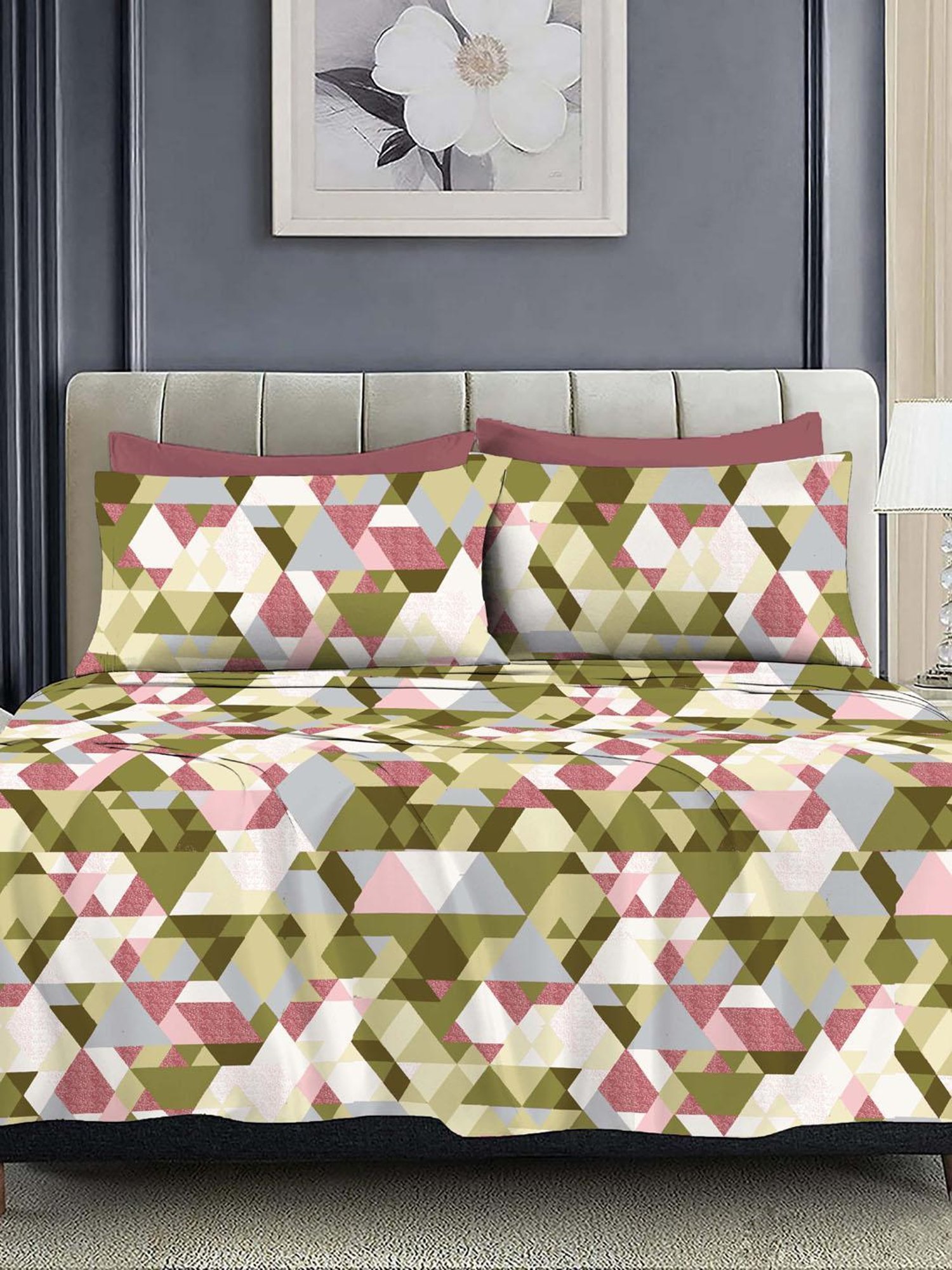Ariana Sorrento Olive Cotton Geometric Cotton Bed Sheet