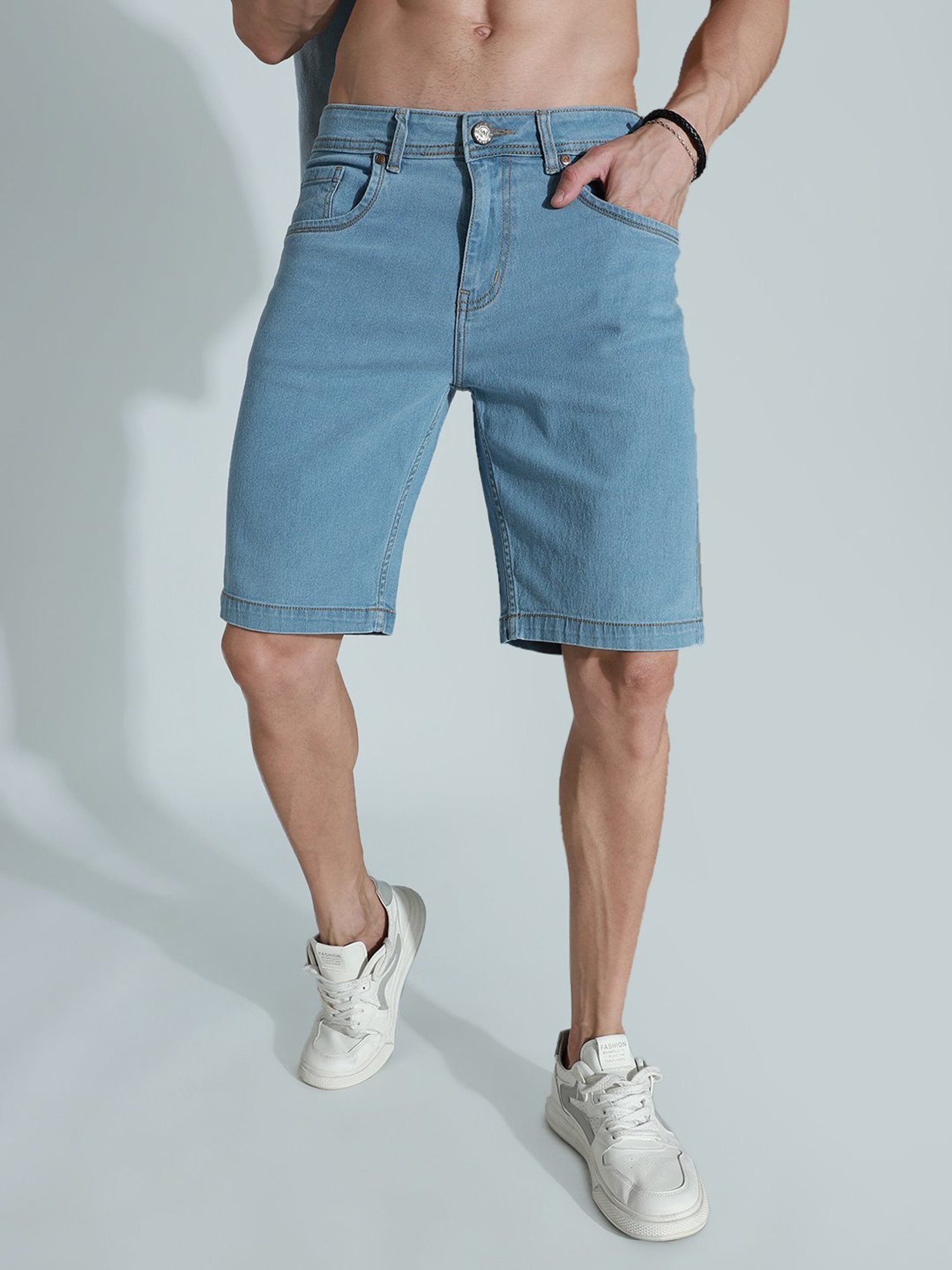 High Star Blue Cotton Regular Fit Denim Shorts
