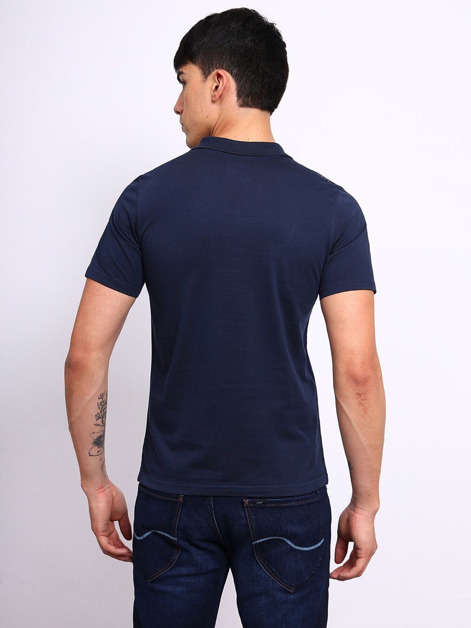 Lee Navy Cotton Slim Fit Printed Polo T-Shirt
