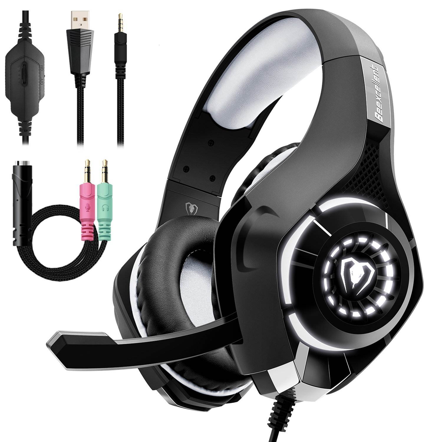 Beexcellent GM-1  Gaming Headset for PS4 Xbox One PC Gaming Headphone with Crystal Stereo Bass Surround Sound, LED Lights & Noise-Isolation Microphone