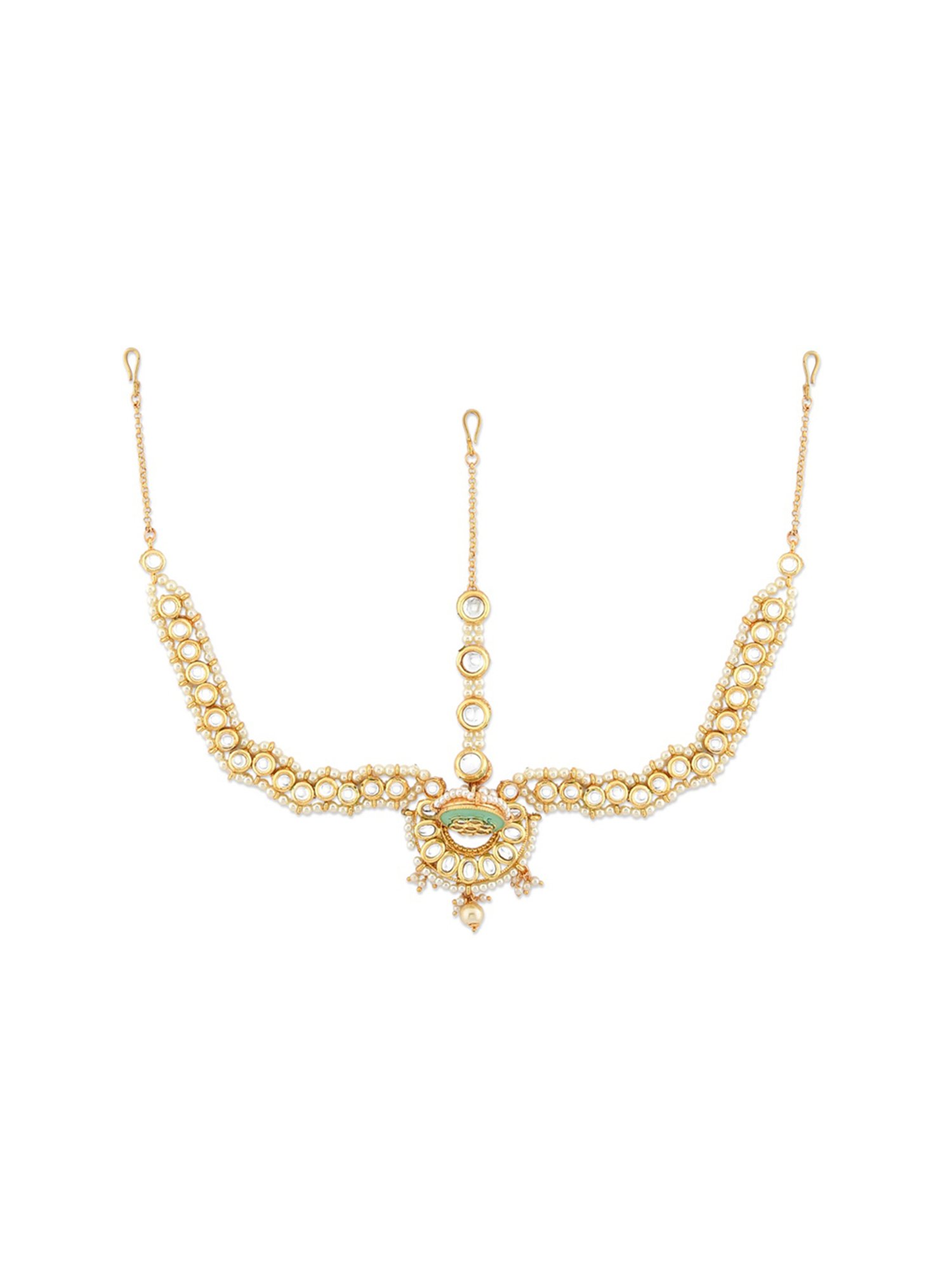 Zaveri Pearls Green Meenakari Kundan Bridal Borla MathaPatti Style Maangtikka-ZPFK13114