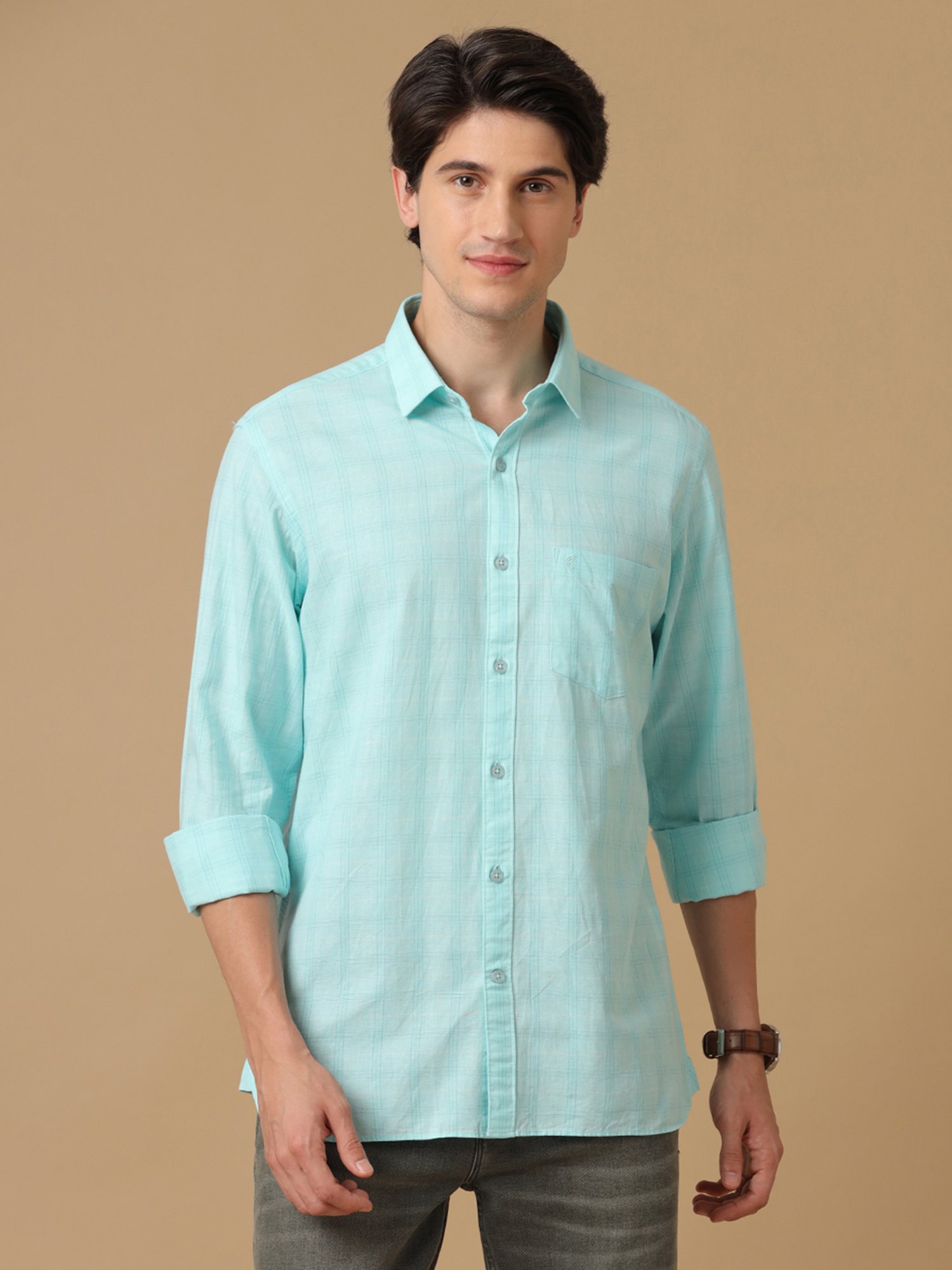 CAVALLO by Linen Club Turquoise Contemporary Fit Check Shirt