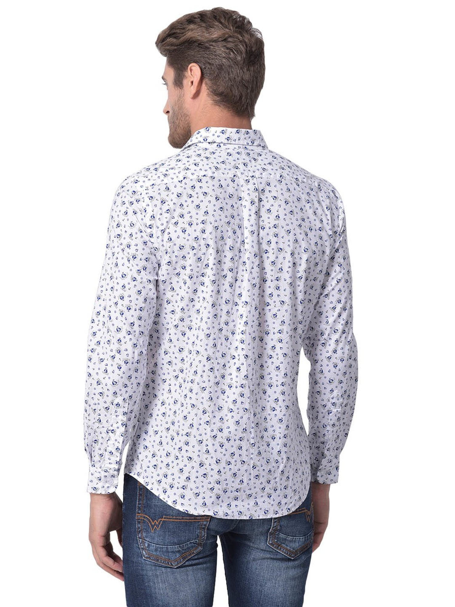 Woodland White Regular Fit Printed Cotton Shirt