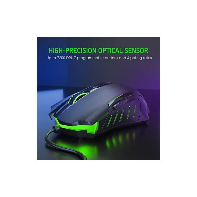 Gaming Mouse Wired 7200 DPI Programmable Breathing Light Ergonomic USB Computer Mice RGB Laptop PC Gaming Mouse 7 Buttons for Windows 7810XP Vista Linux Grey