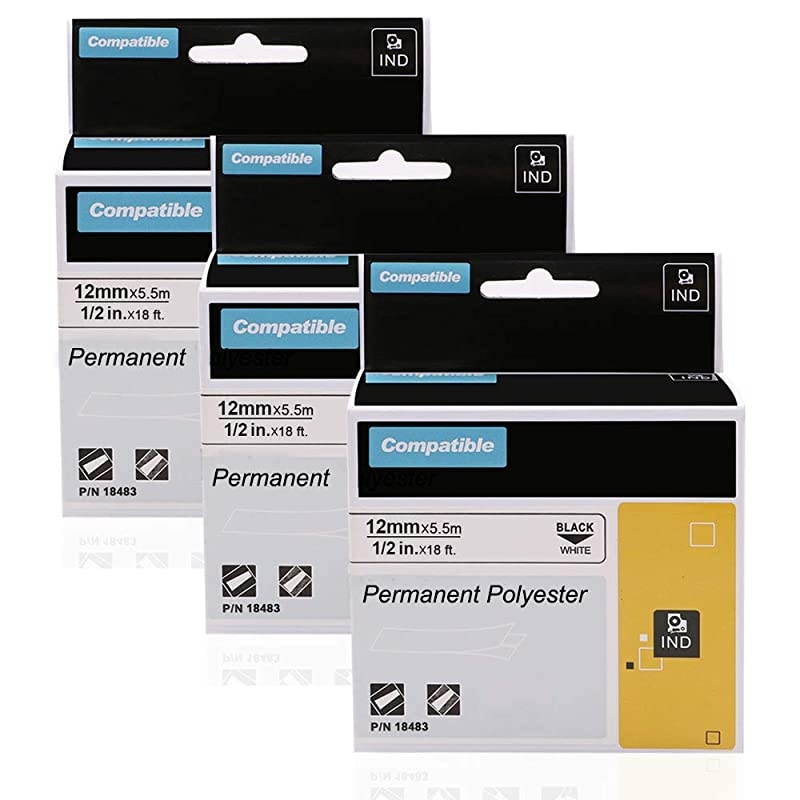 Compatible Label Tape Replacement for Dymo 18483 Permanent Polyester Tape for RhinoPro 4200 5200 5000 6000 LabelWriter Label Maker Black on White 12 Inch 3Pack