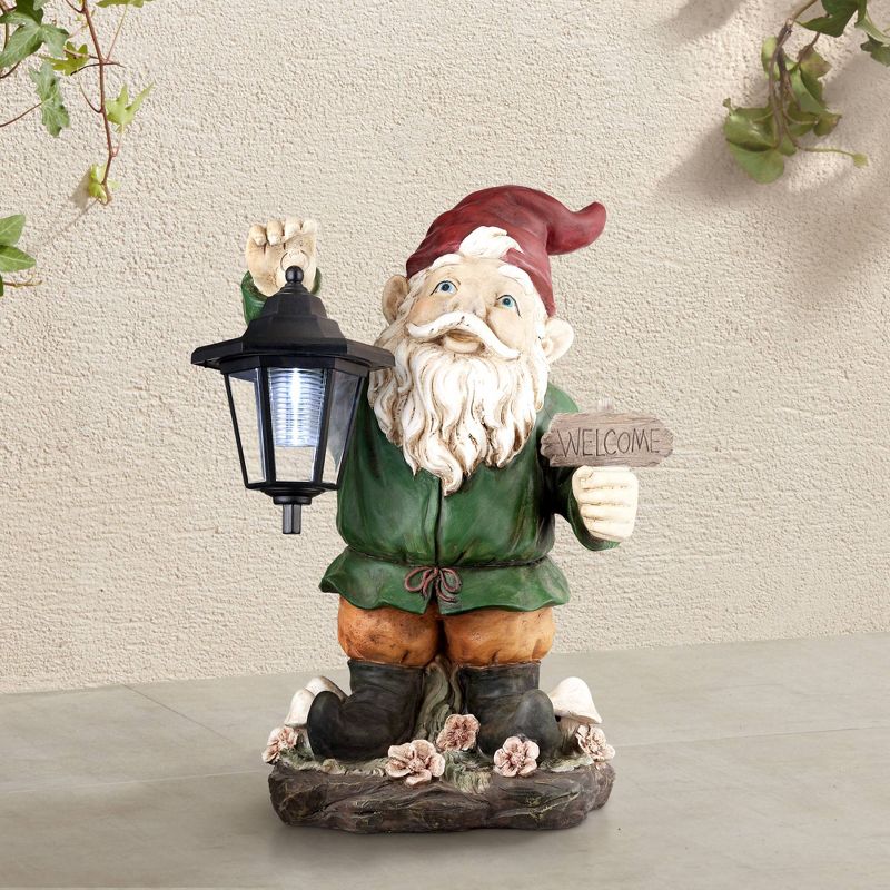 John Timberland Outdoor Statue with Light Solar LED 16" High Welcome Gnome with Lantern for Yard Garden Patio Deck Home Entryway