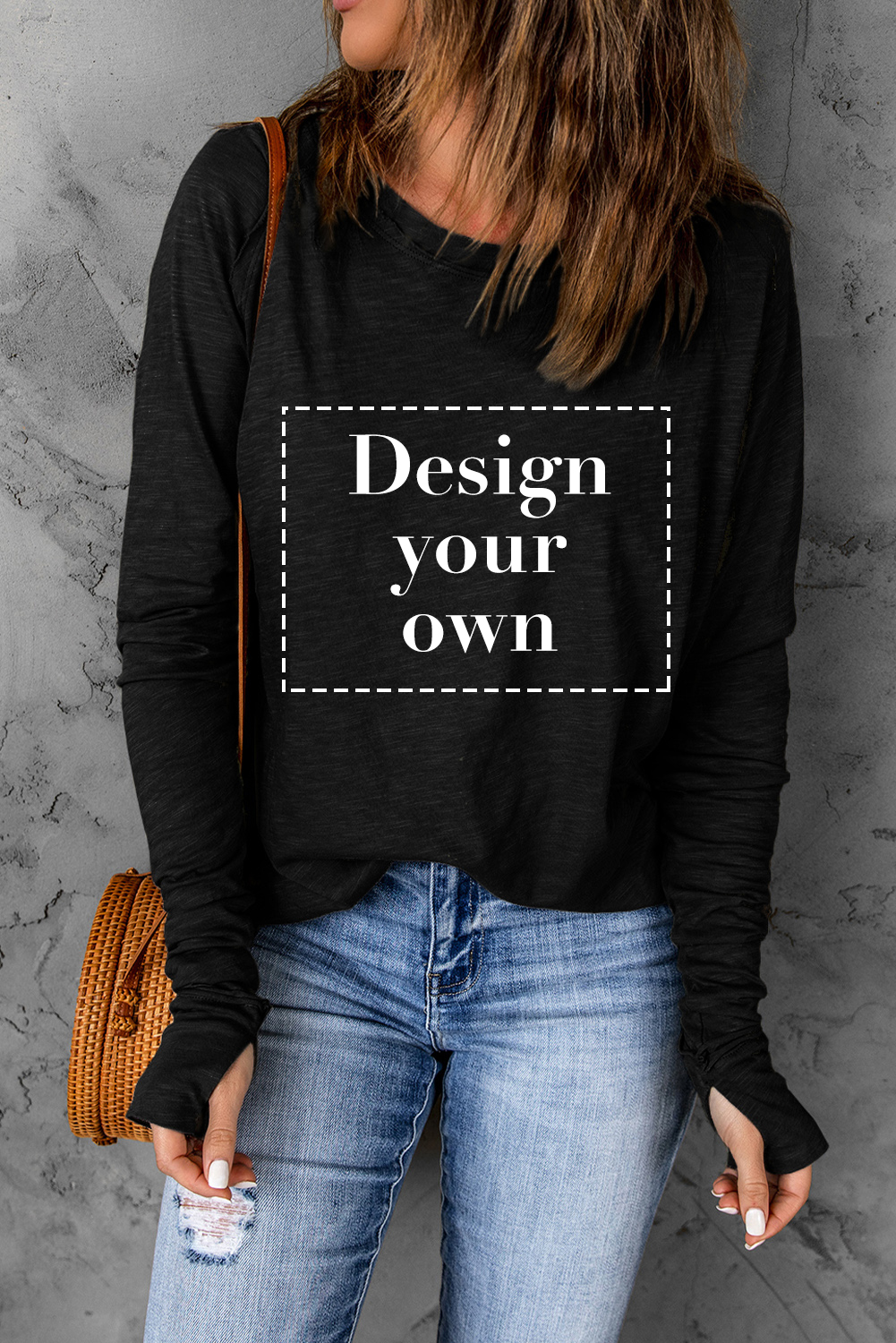 Blank Sweatshirt - Black Casual Thumbhole Long Sleeve Top Customized