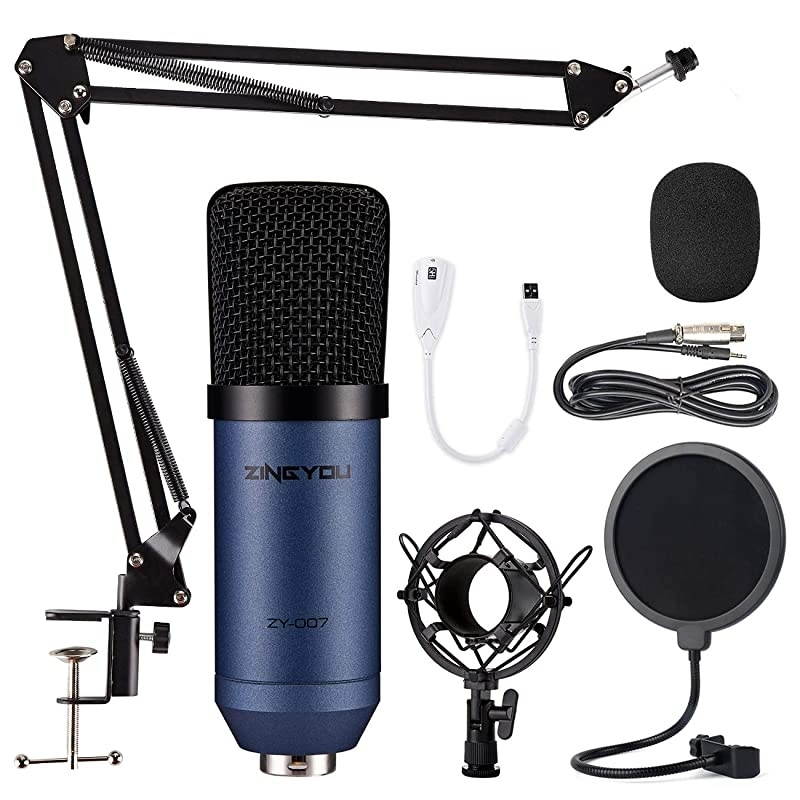 Condenser Microphone  Computer Mic ZY-007 Recording Bundle for Gaming Streaming YouTube Videos Professional Cardioid Microphone Include Adjustable Arm Stand, Shock Mount and Pop Filter(Blue)