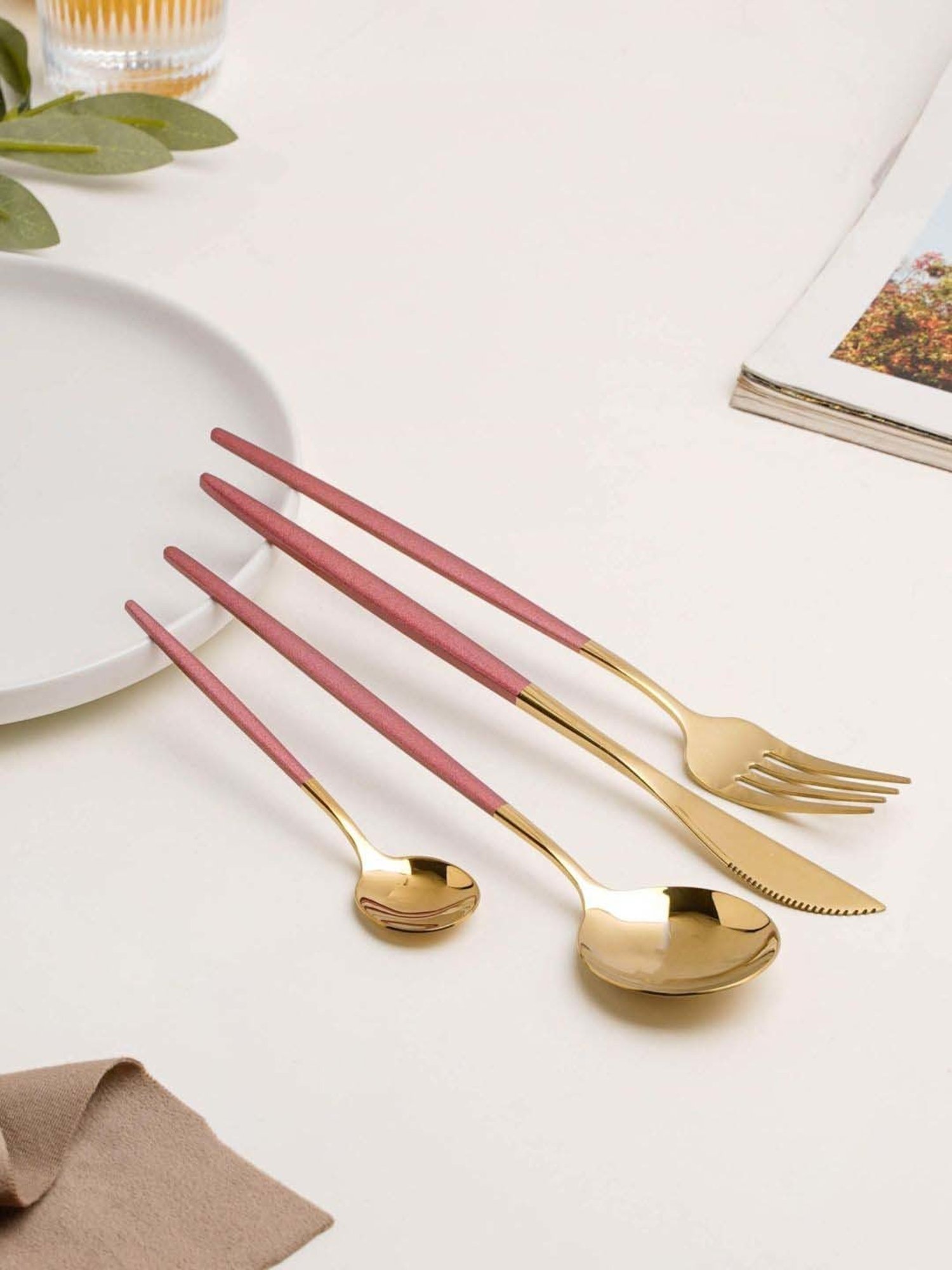 Nestasia Pink  & Golden stainless Steel cutlery set(1 Fork + 1 Knife +1 Table spoon +1 Desert spoon)