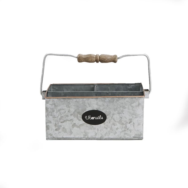 Mind Reader Wood & Galvanized Utensils Caddy, 3 Section Flatware Organizer, Silver