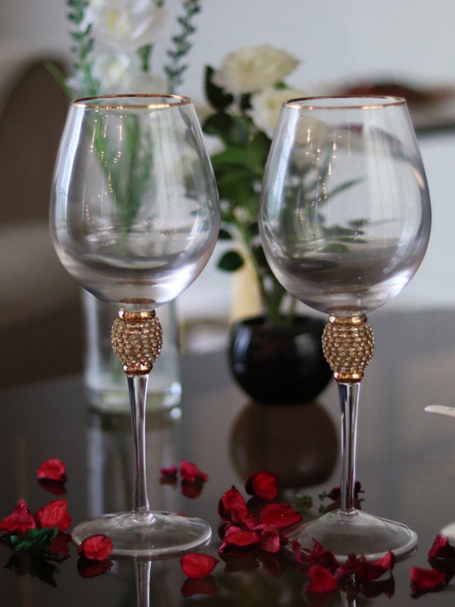 Melbify Gold Stem Transparent Glass Wine Glass with Gold Rim (500ml) - Set of 2