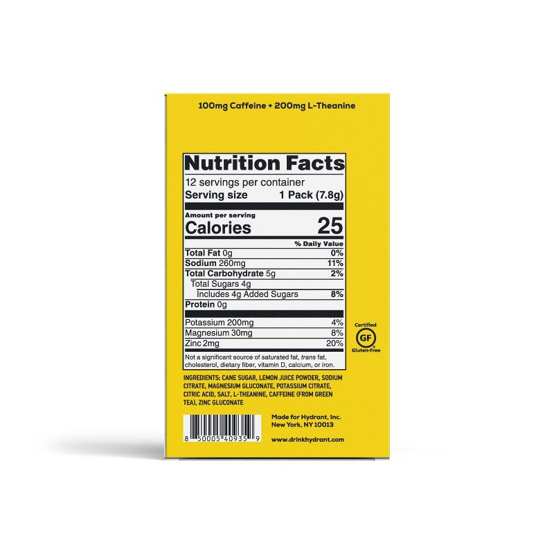 Hydrant Energy Electrolyte Rapid Hydration Powder Packets Drink Mix with Caffeine - Lemon - 12ct