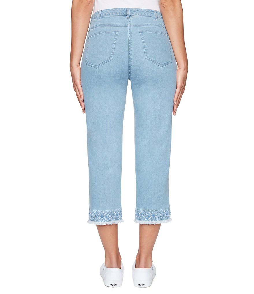 Ruby Rd. Stretch Soft Denim Embroidered Frayed Hem Capri Jeans