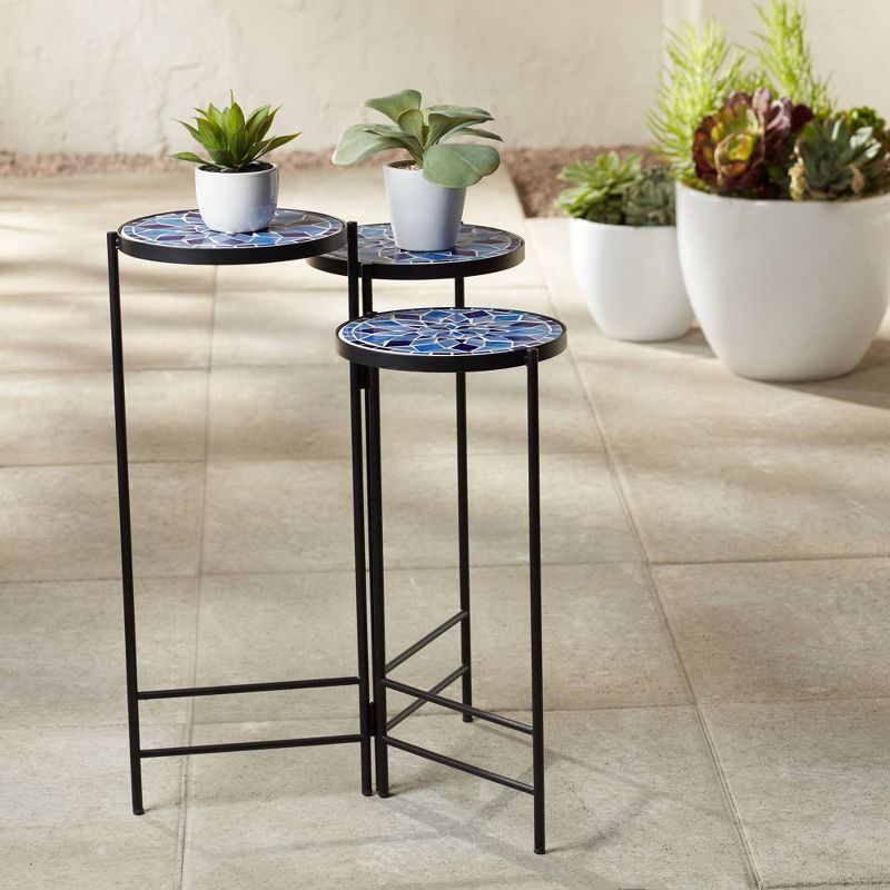 Teal Island Designs Blue Mosaic Black Iron Set of 3 Accent Tables