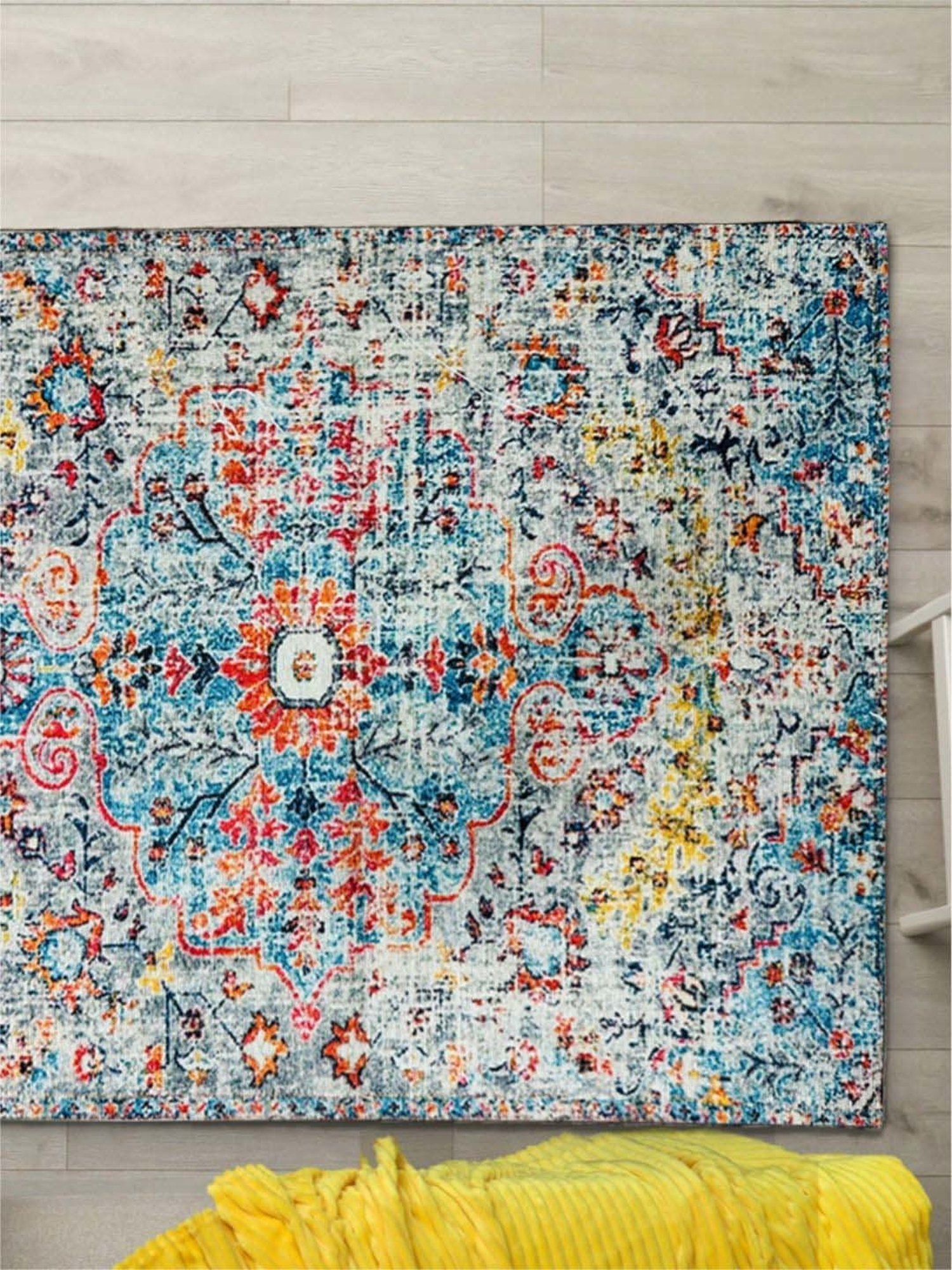 Urban Space Blue Chenille Ethnic Motifs Anti-Skid Carpet