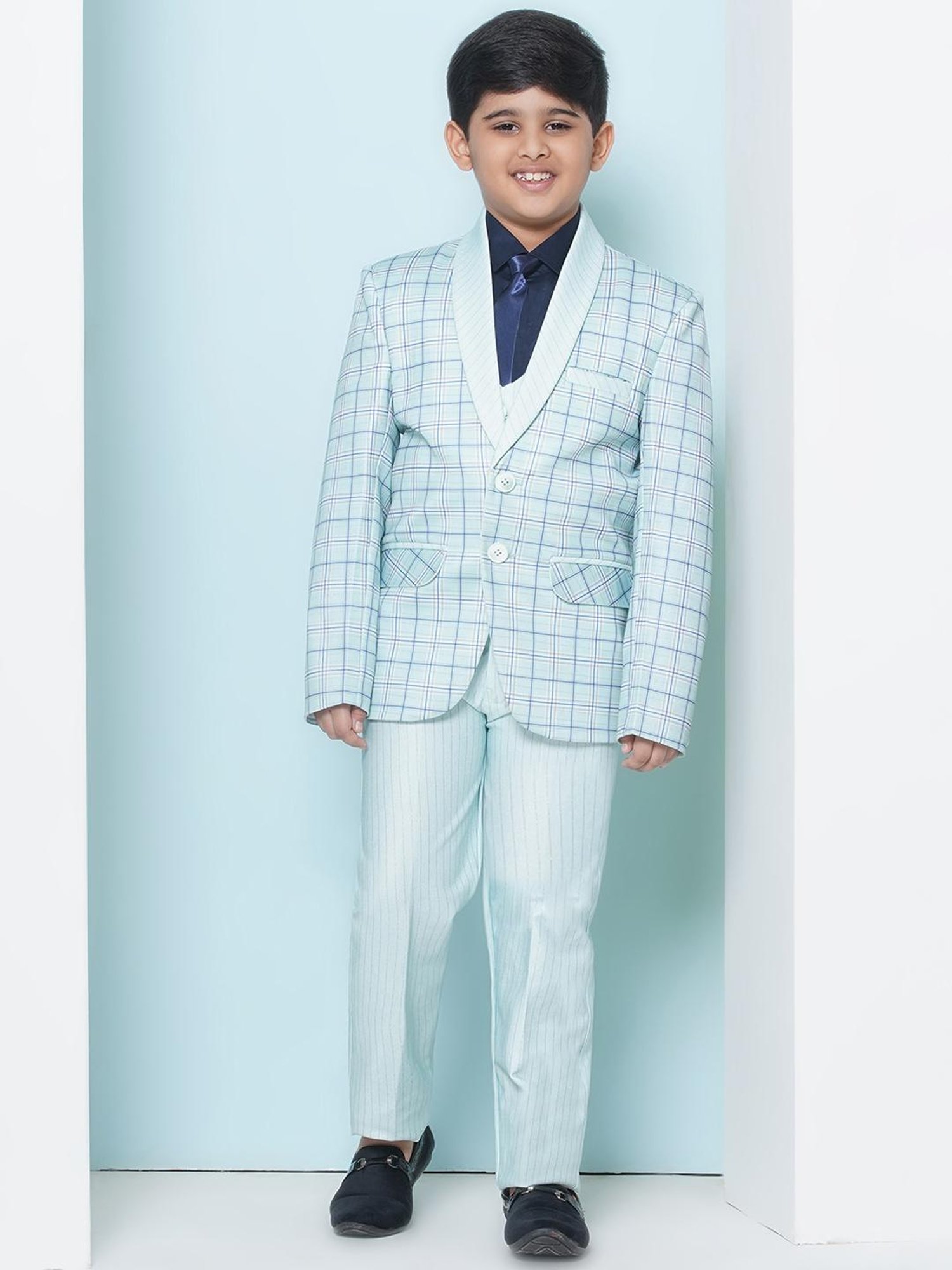 AJ Dezines Kids Sky Blue Checks Full Sleeves Shirt, Pants, Coat, Waistcoat with Tie