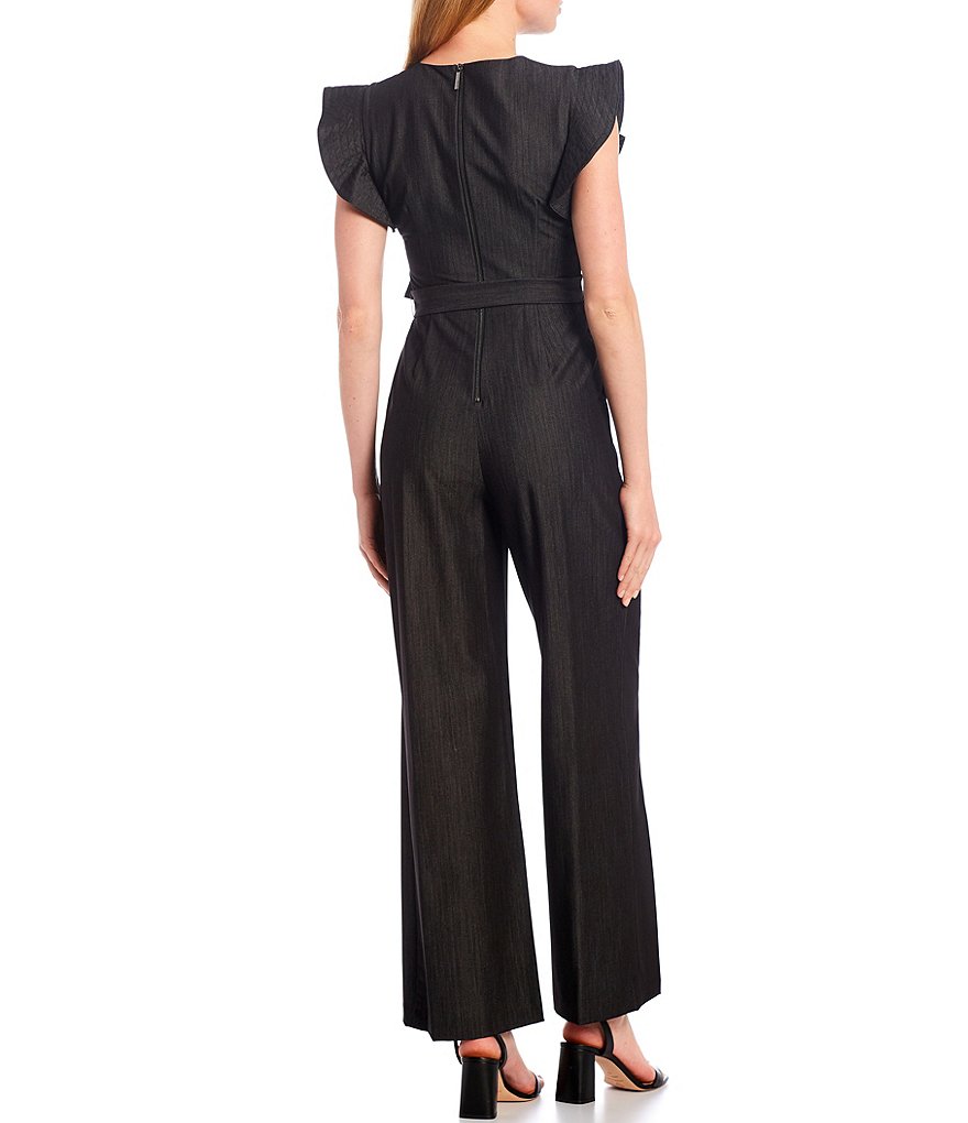 Calvin Klein Round Neck Ruffle Short Sleeve Tie Front Denim Jumpsuit