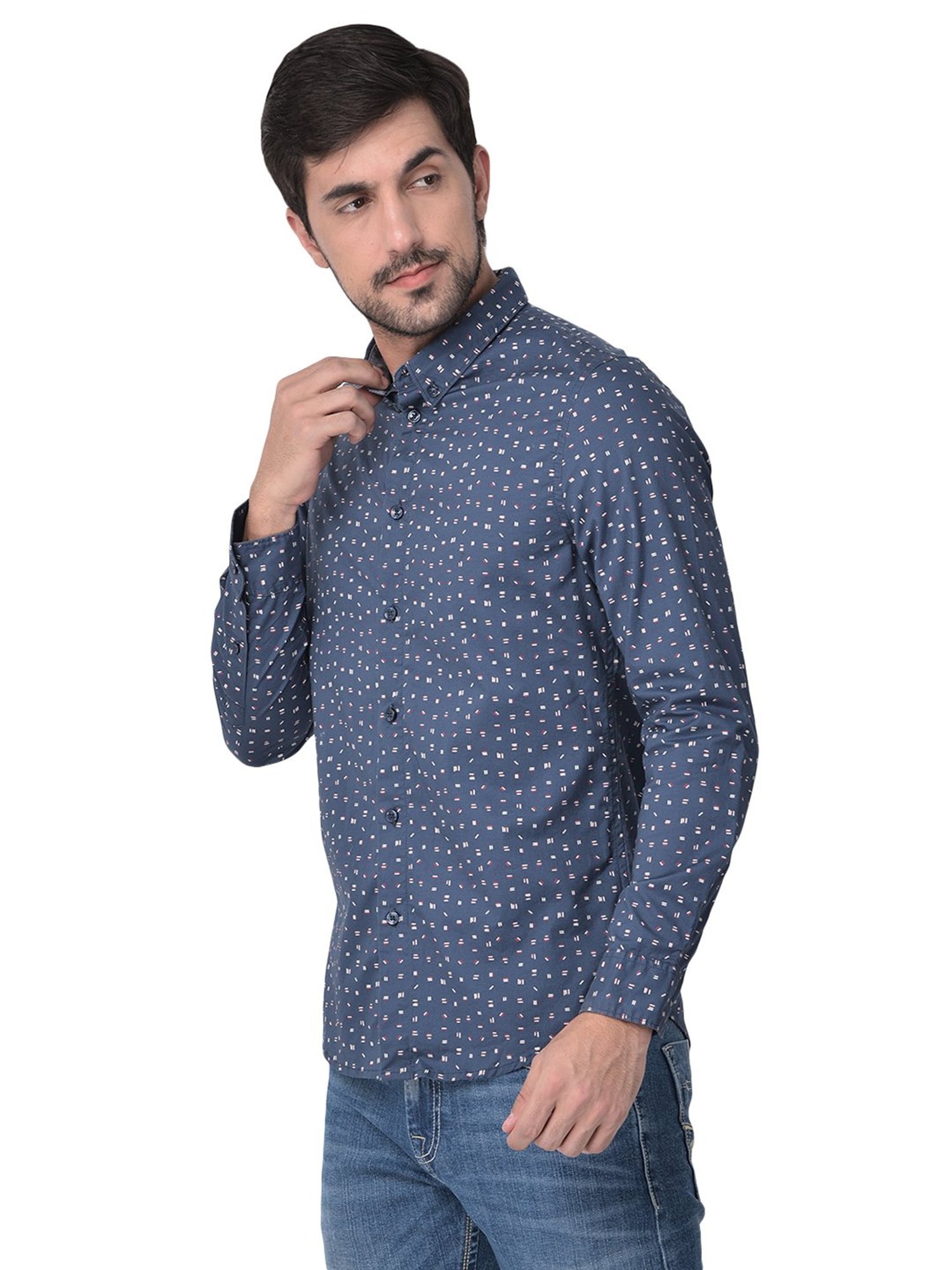 Woodland Blue Regular Fit Printed Cotton Shirt