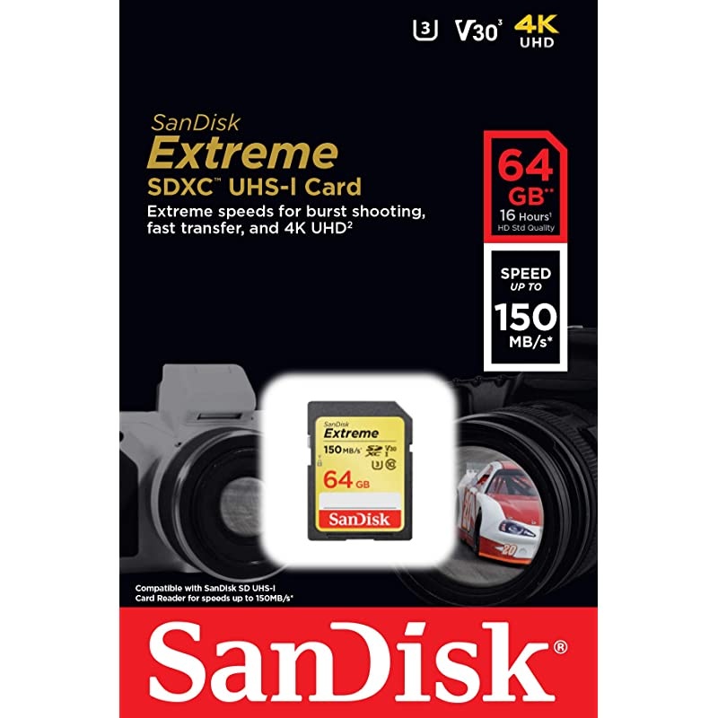64GB Extreme SDXC UHSI Card C10 U3 V30 4K UHD SD Card SDSDXV6064GGNCIN