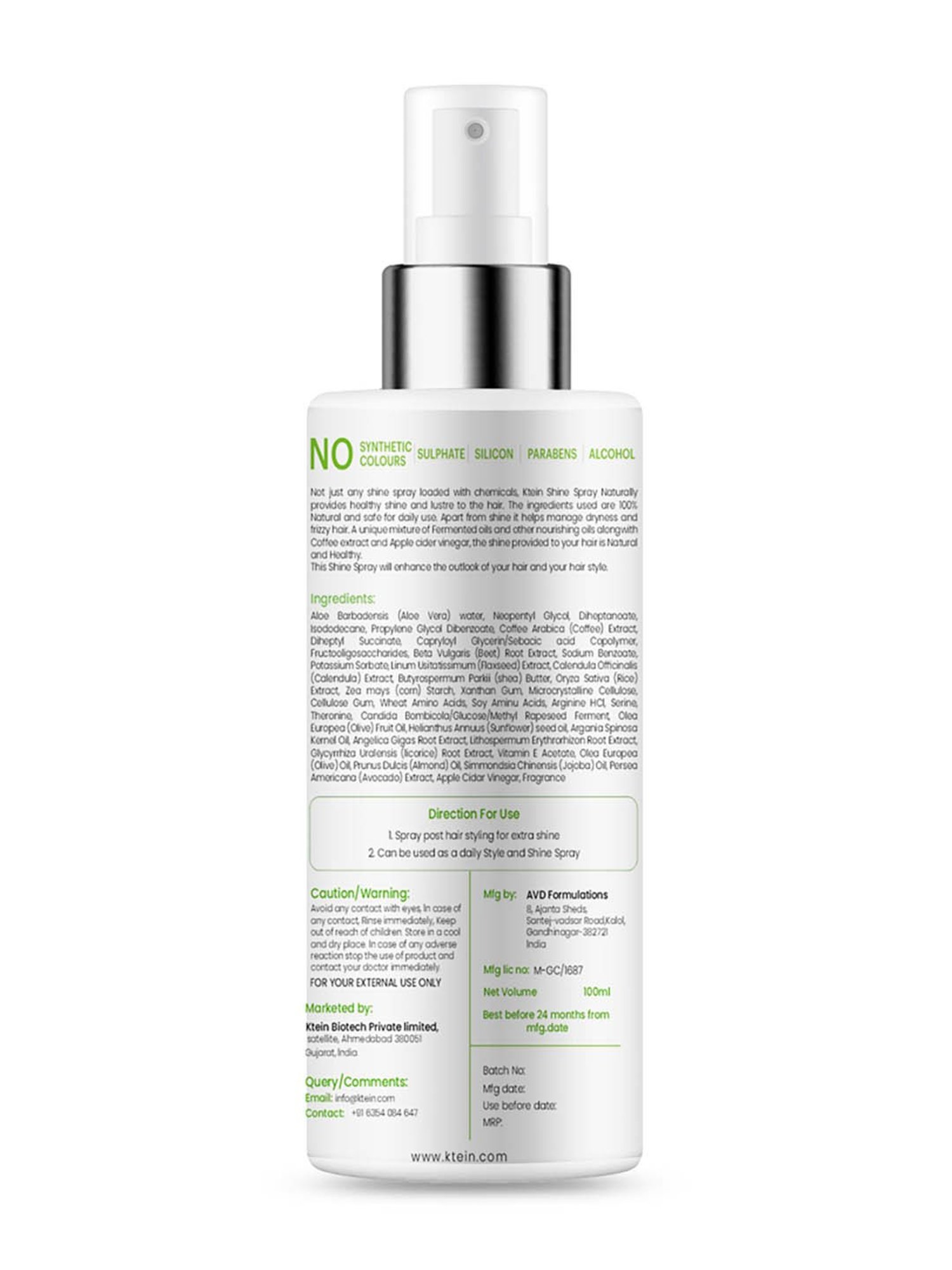 Ktein Natural 100% Plant Base Shine Spray - 100 ml