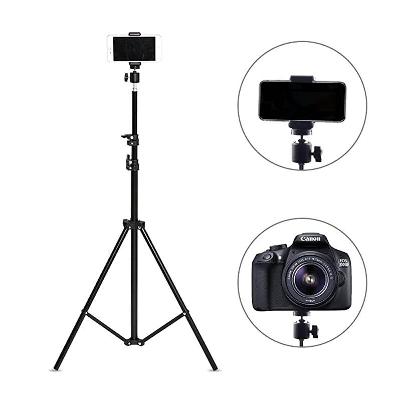 to 82 Inch Extendable Tripod with Mobile Phone Clip Mount Camera Tripod Compatible with Most Cell Phones DSLRs Digital Cameras and Action Cameras for Selfie and Live Video 82 in Silvery