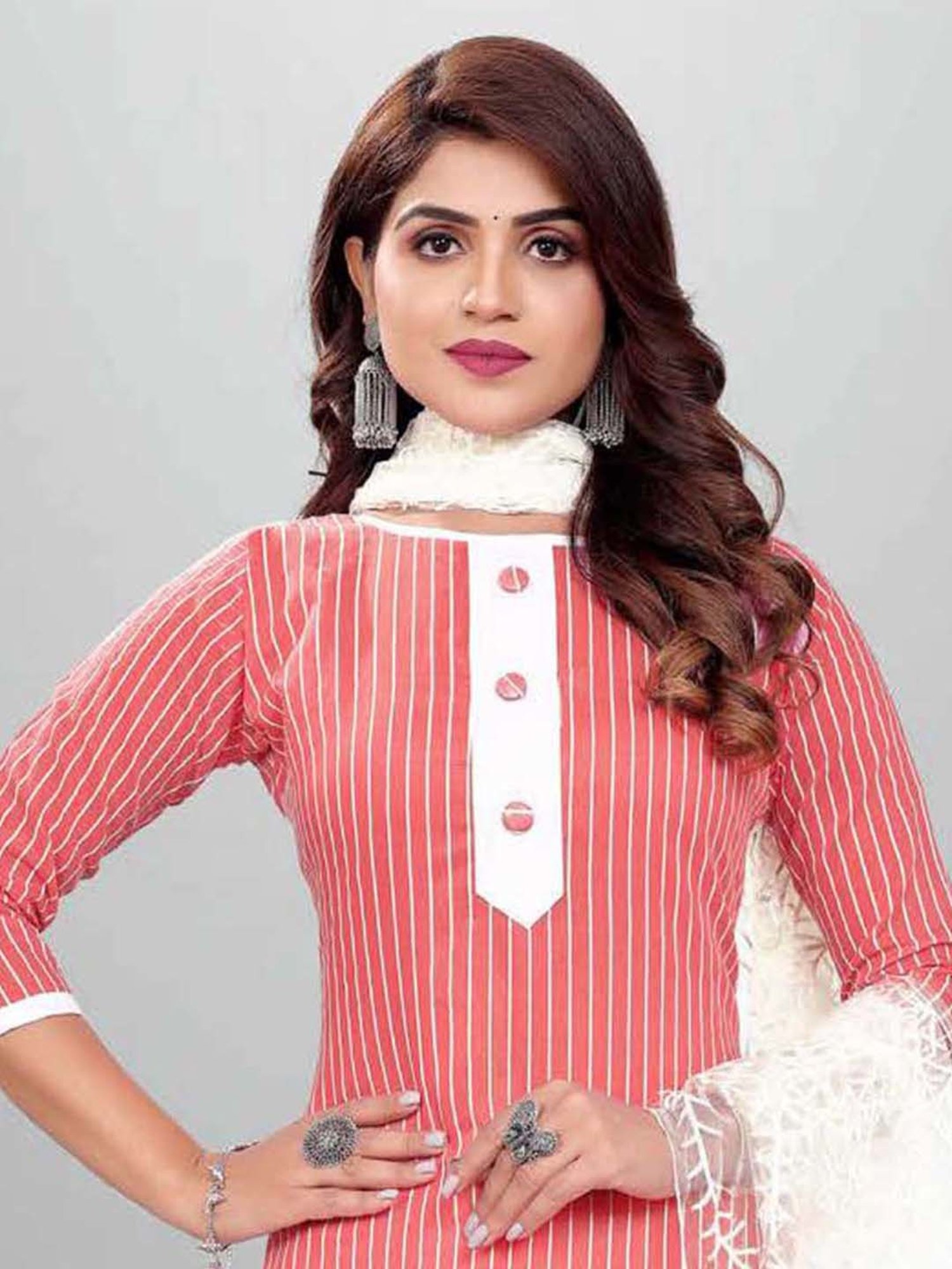 APNISHA Peach & White Cotton Striped Unstitched Dress Material